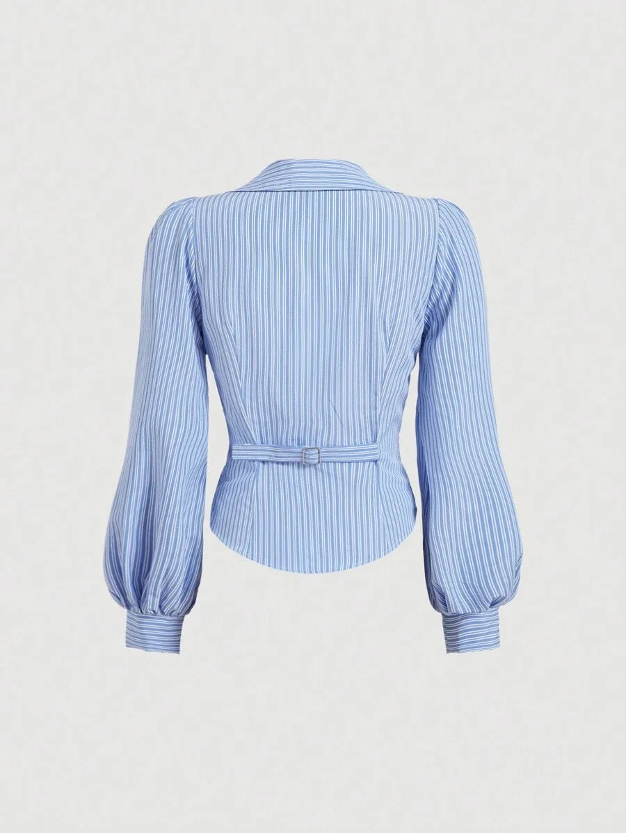 Striped Crop Top with Turndown Collar Puff Sleeves