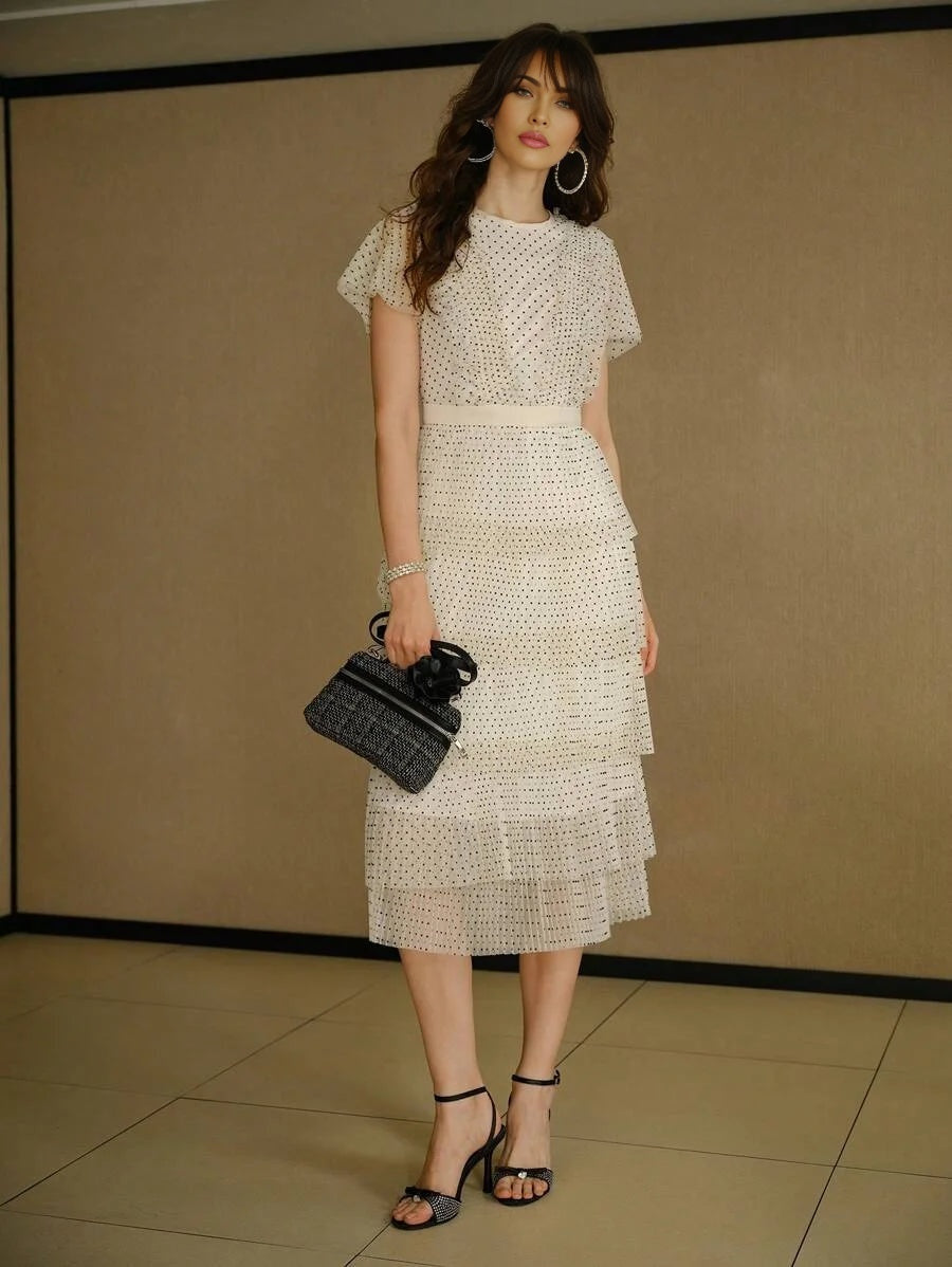 STUDIO MESH OVERLAY POLKA DOT PRINT FLUTTER SLEEVE LAYERED HEM MIDI DRESS