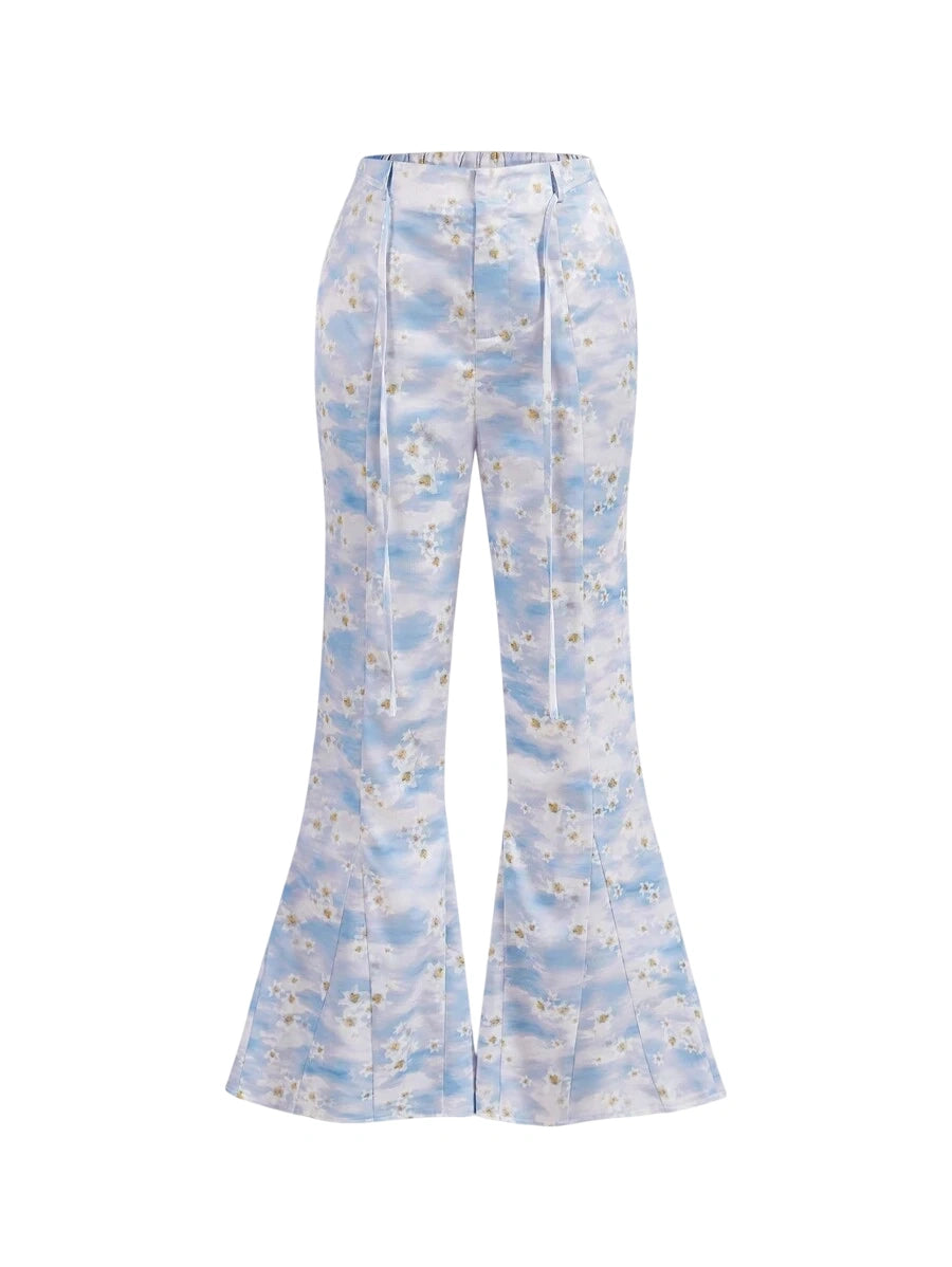 Summer Floral Printed Flare Pants For Women