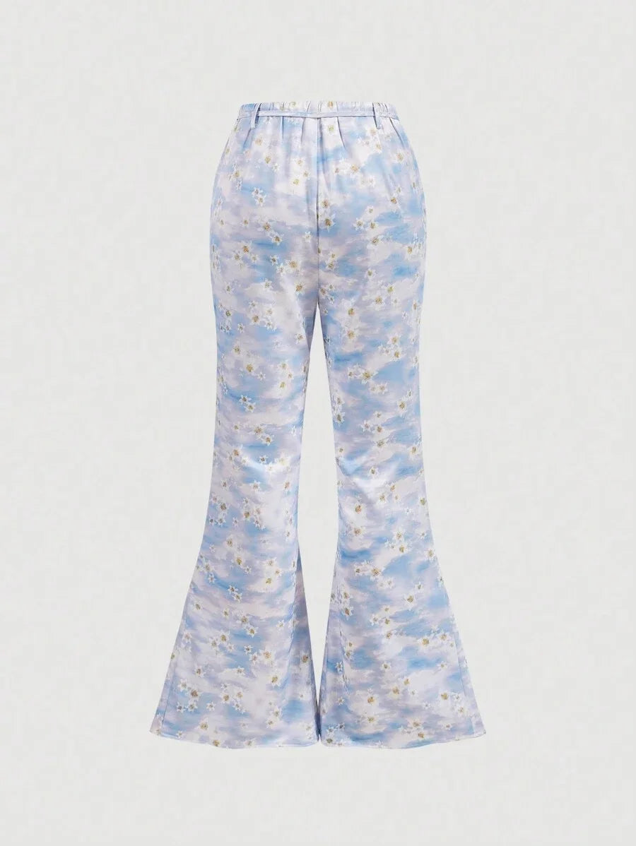 Summer Floral Printed Flare Pants For Women