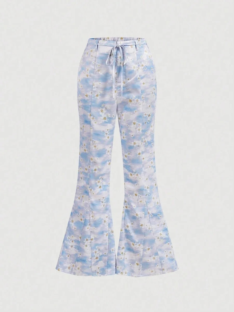 Summer Floral Printed Flare Pants For Women