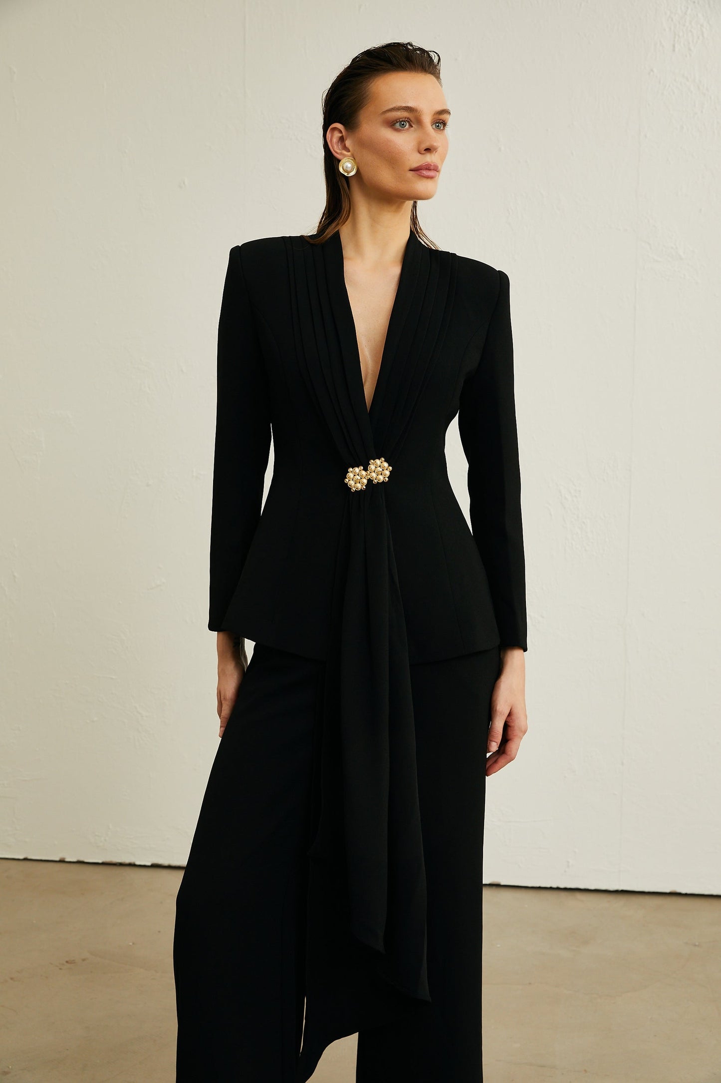 Suzanne black pleated jacket trousers matching set