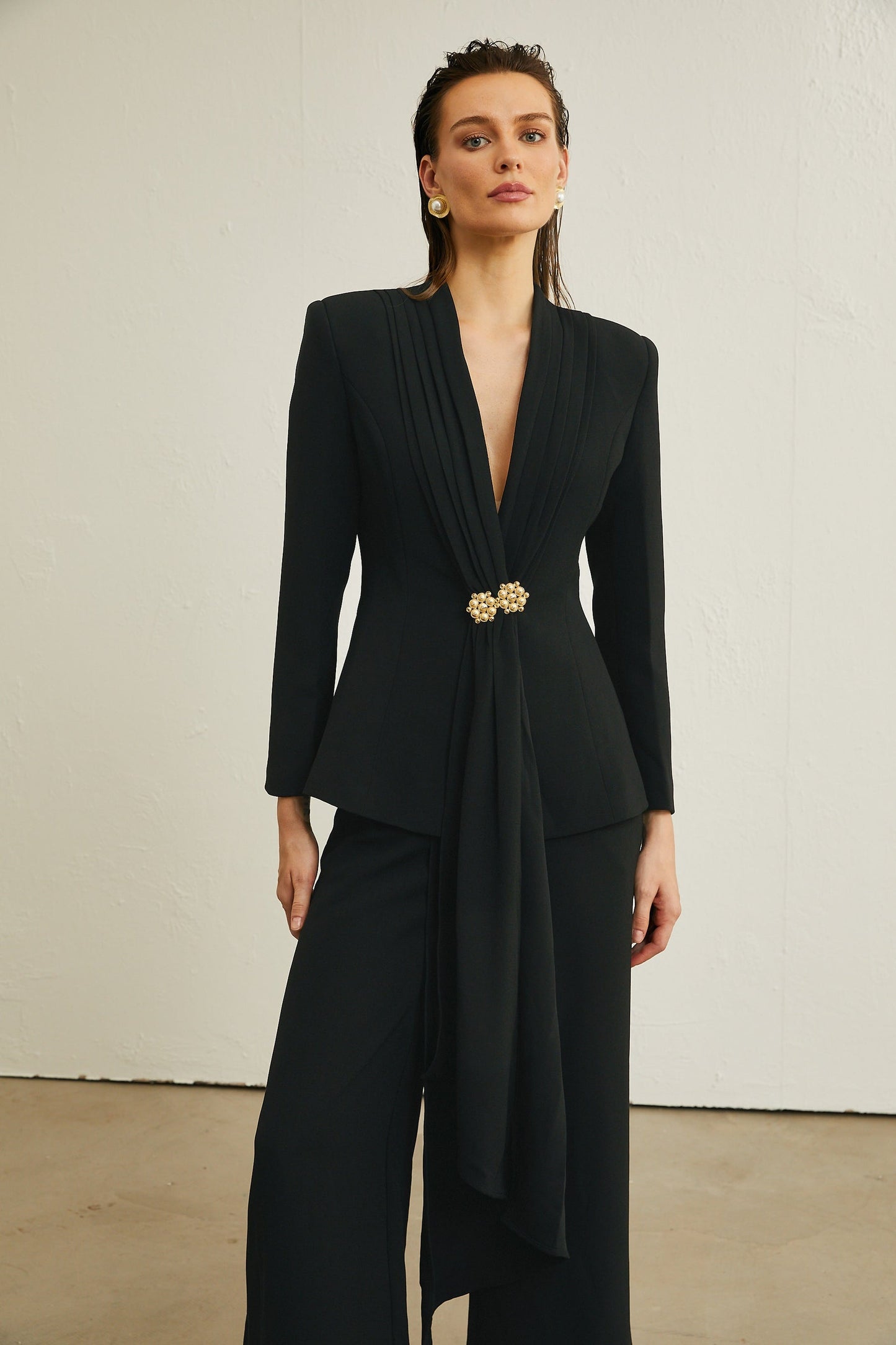 Suzanne black pleated jacket trousers matching set