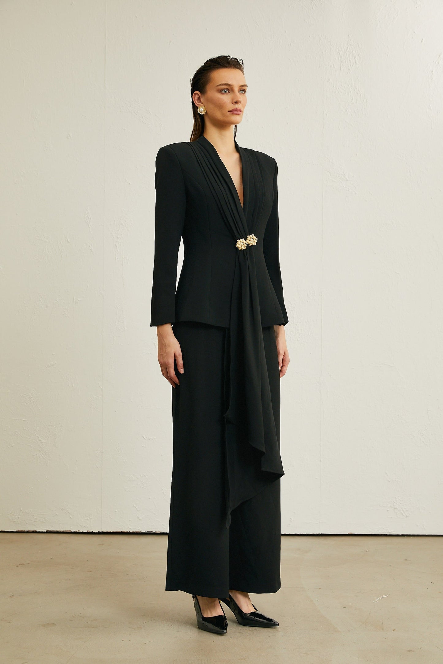 Suzanne black pleated jacket trousers matching set