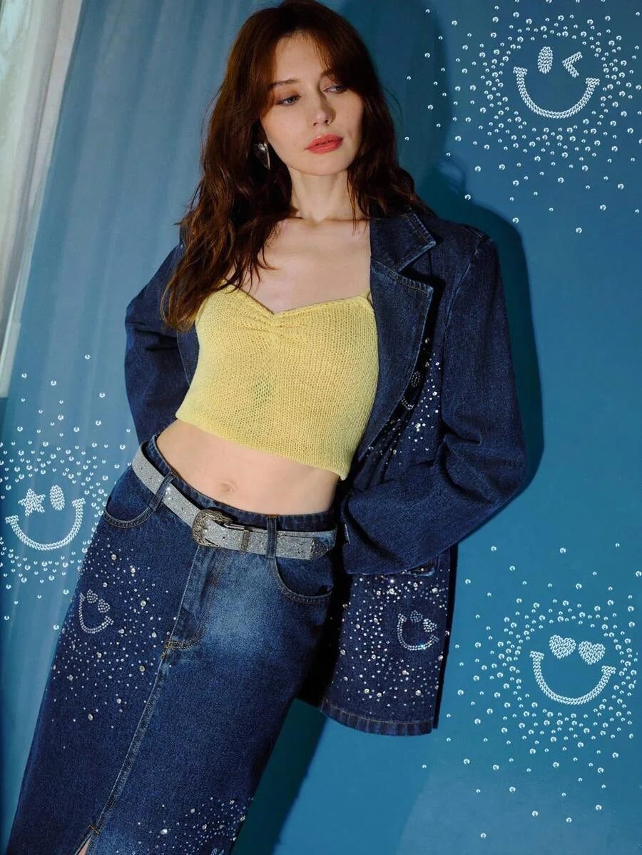 SWSmiley x MOTF PREMIUM LAPEL COLLAR RHINESTONE DETAIL WASHED DENIM COAT