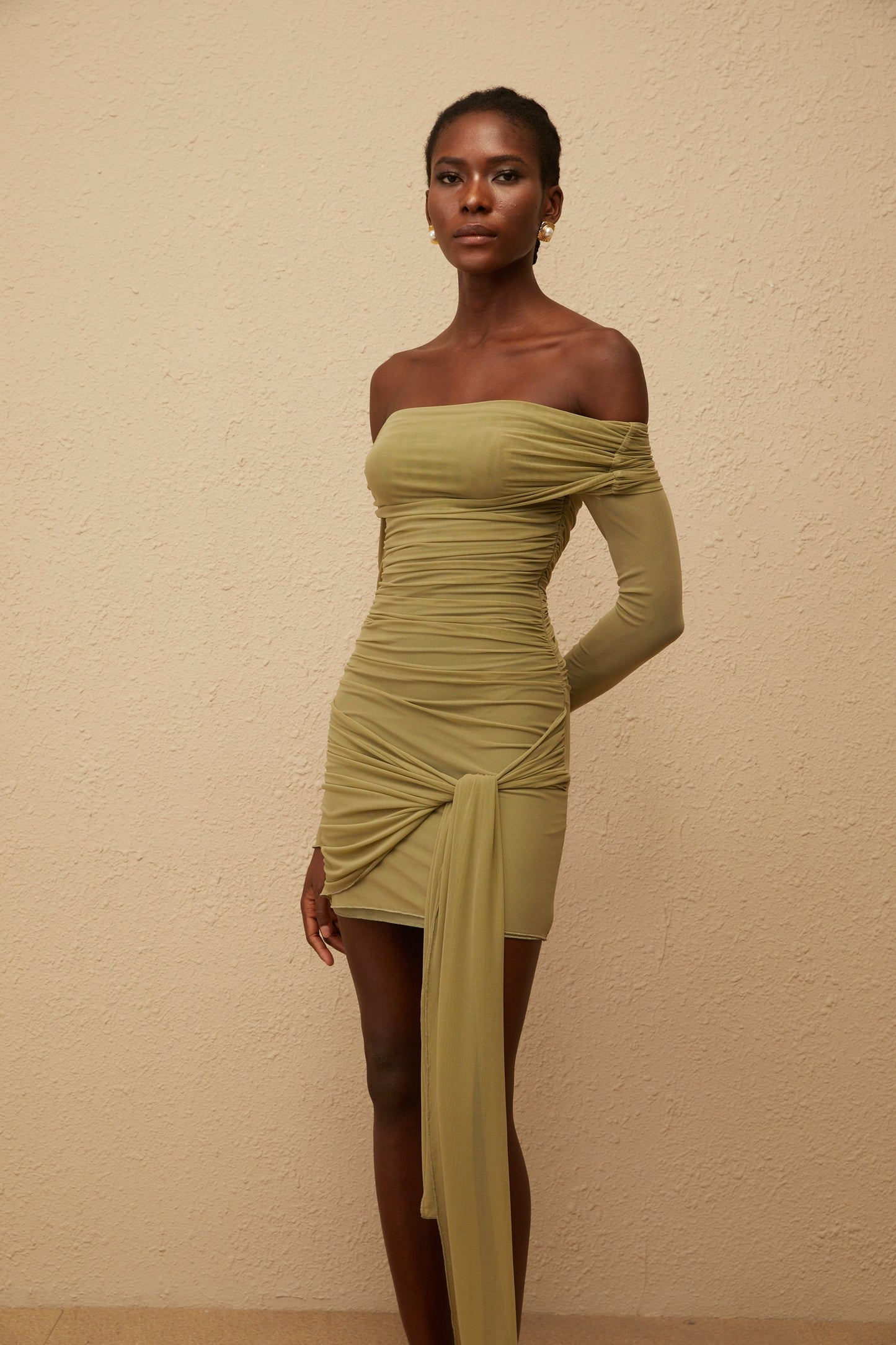 Sylphe Green Ruched Mesh Mini Dress