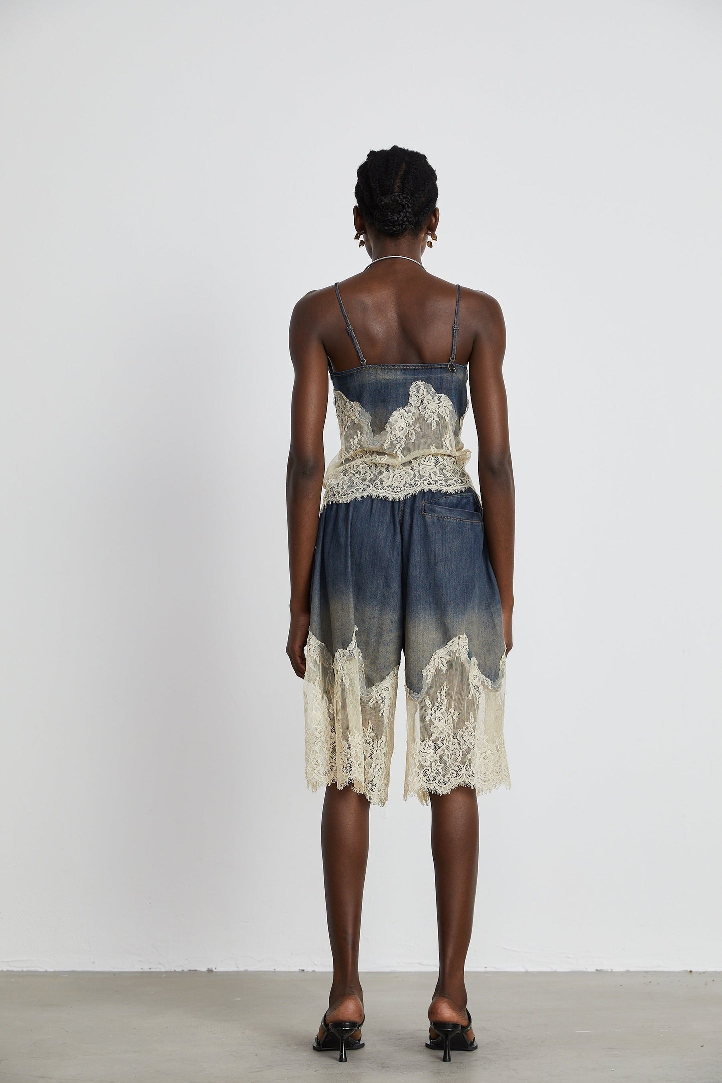 Sylvie lacedetail denim top shorts matching set