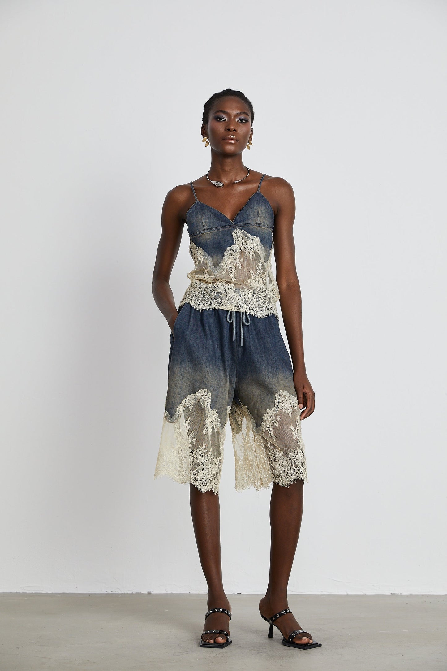 Sylvie lacedetail denim top shorts matching set