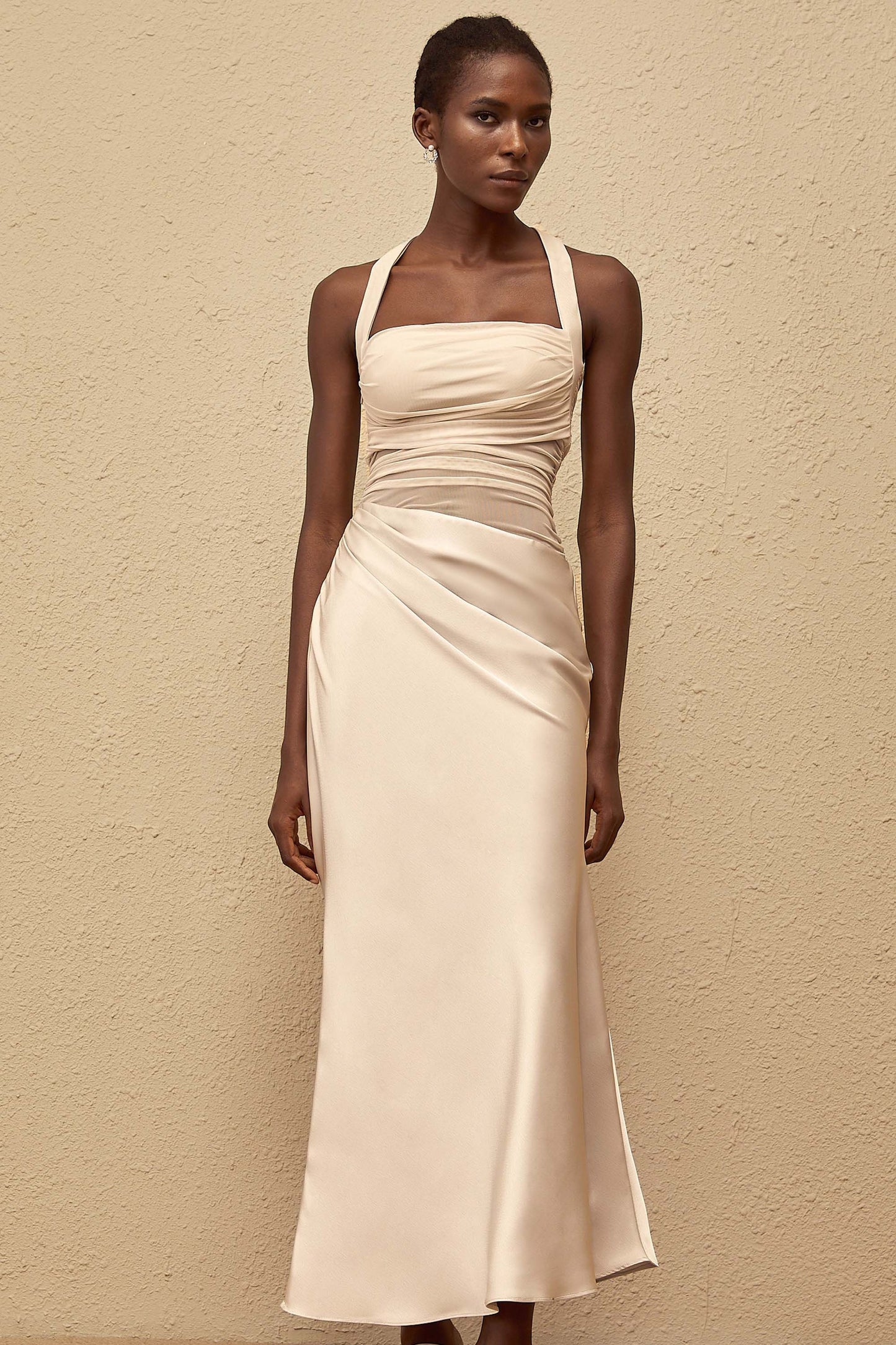 Taina Grey Mesh Panel Ruched Maxi Dress