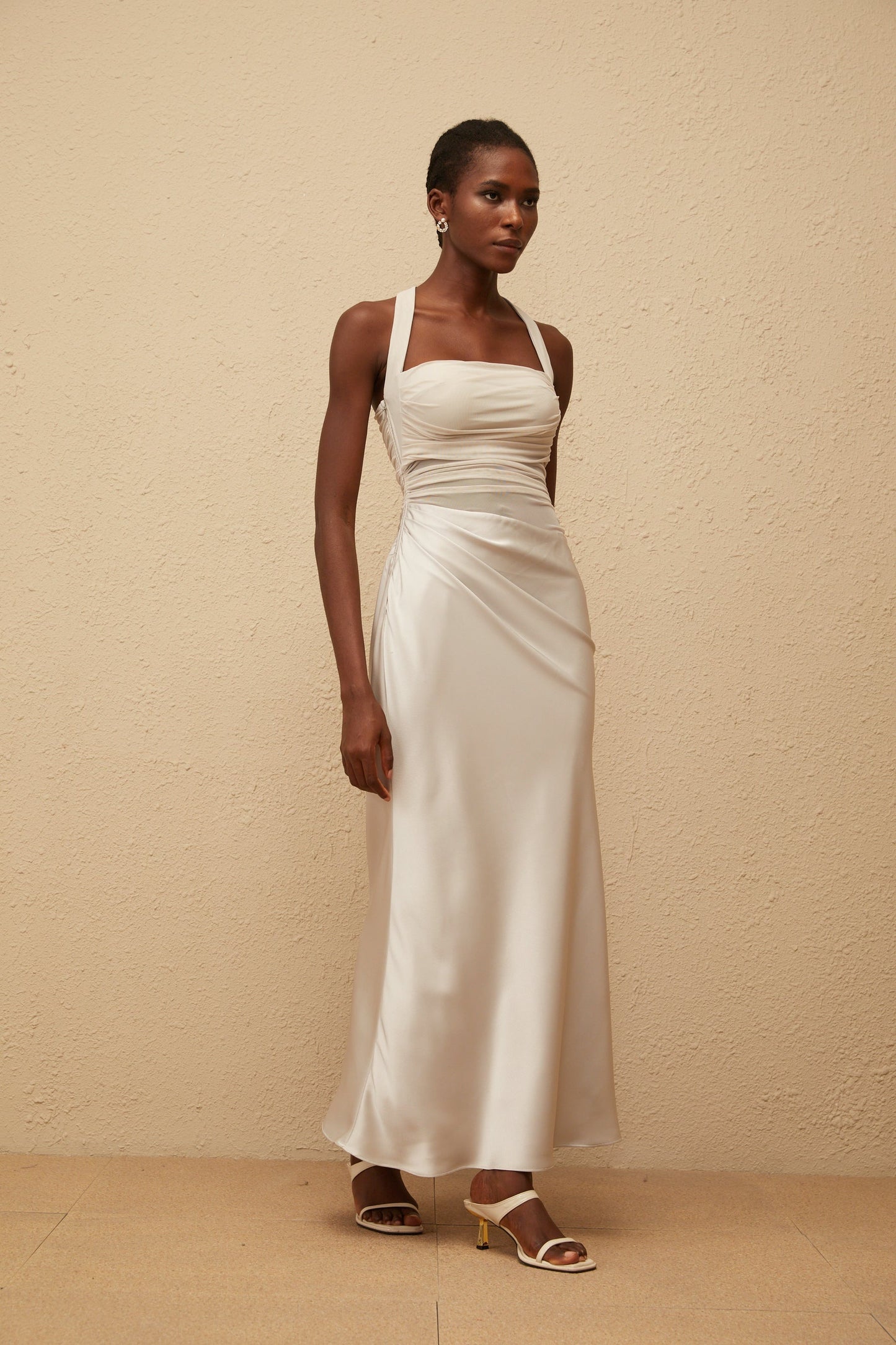 Taina Grey Mesh Panel Ruched Maxi Dress