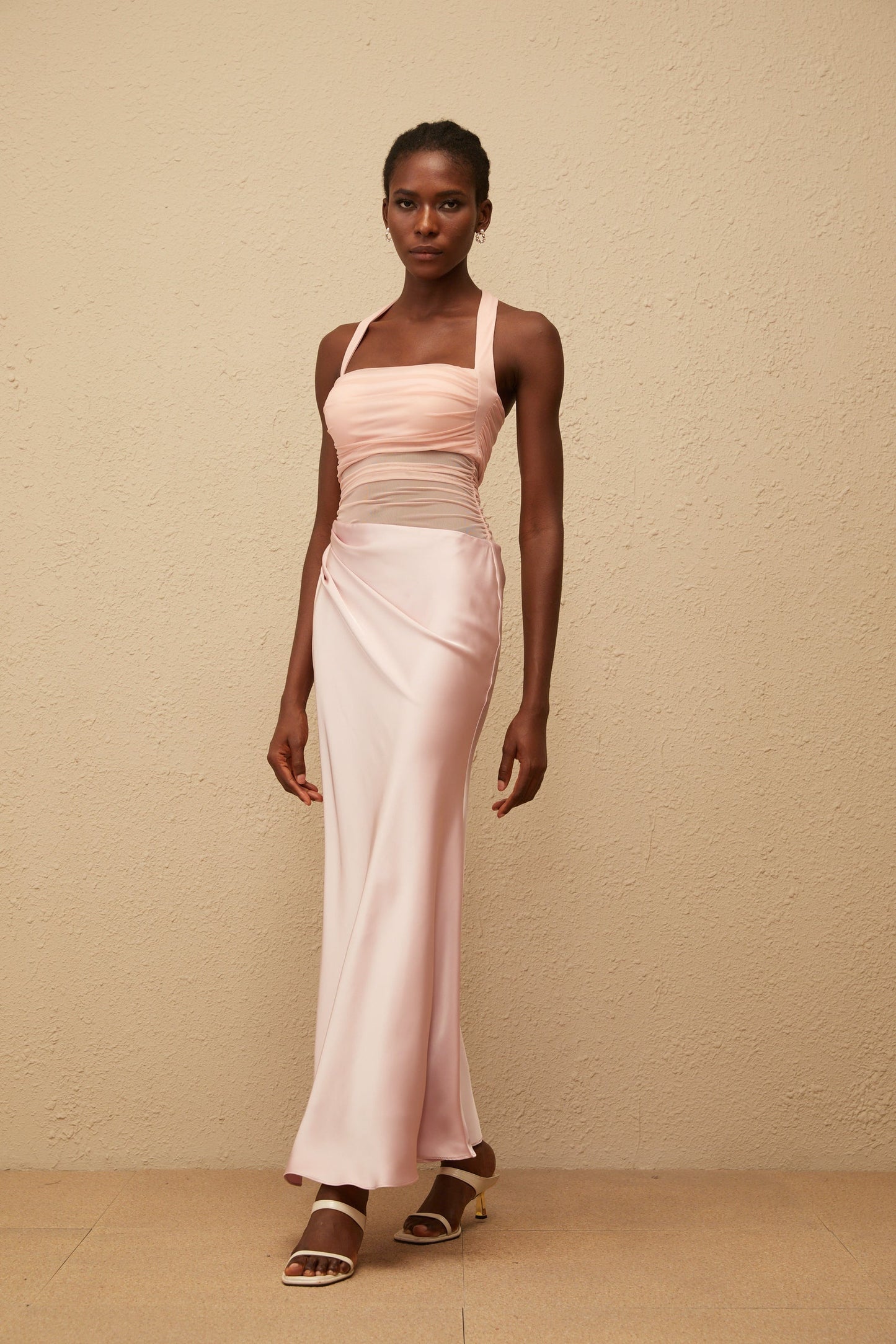 Taina Pink Mesh Panel Ruched Maxi Dress