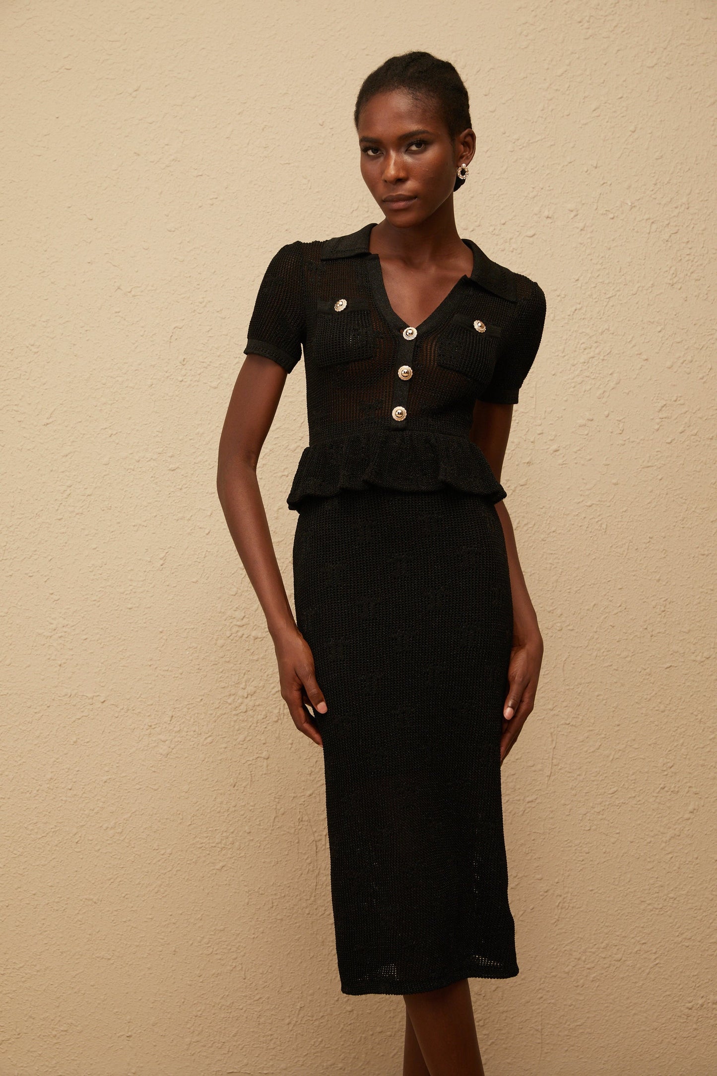 Theodora Black Crochet Knit Midi Dress