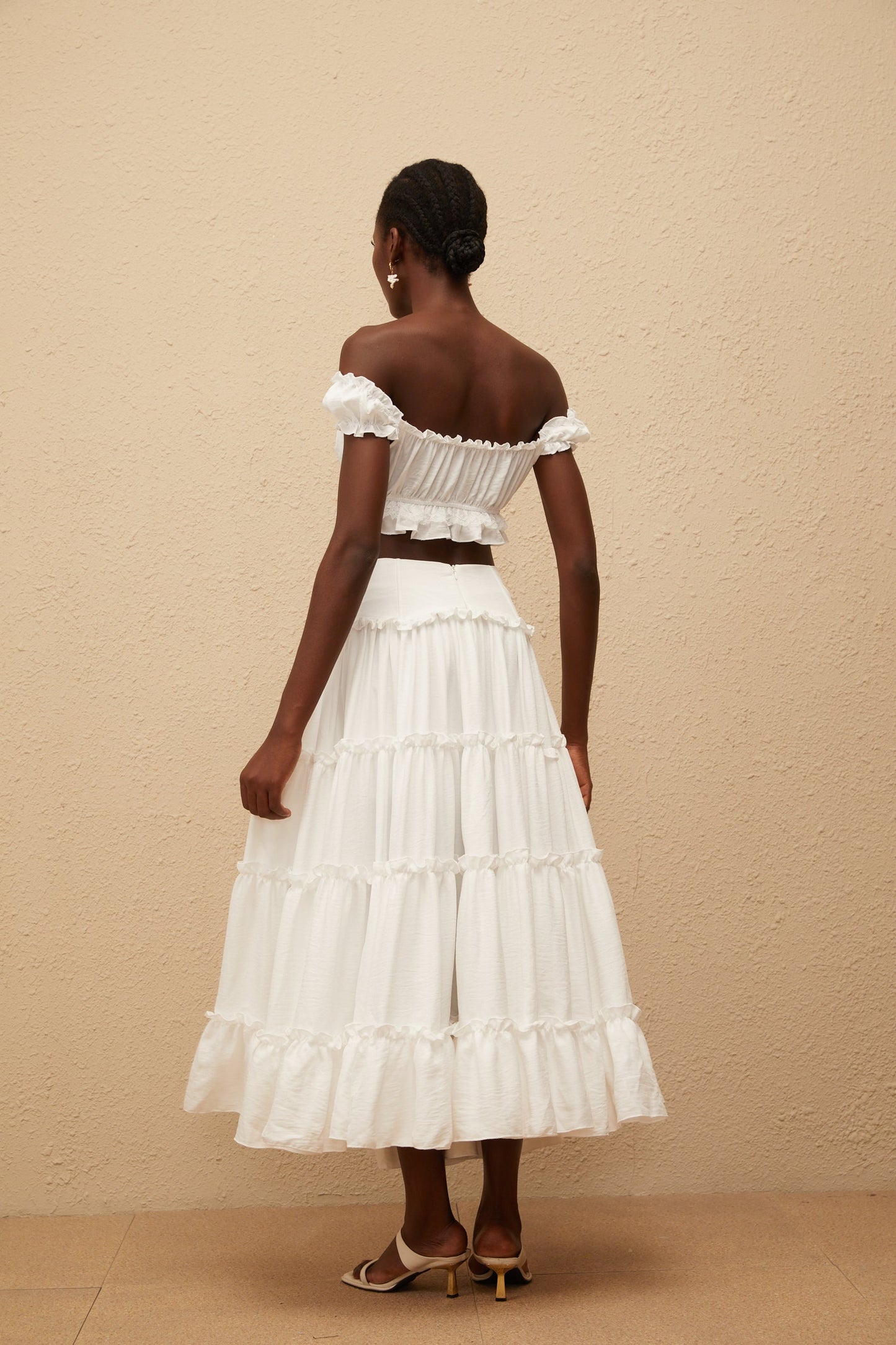 Théoline White Ruffled Trim Shirred Top Skirt Set