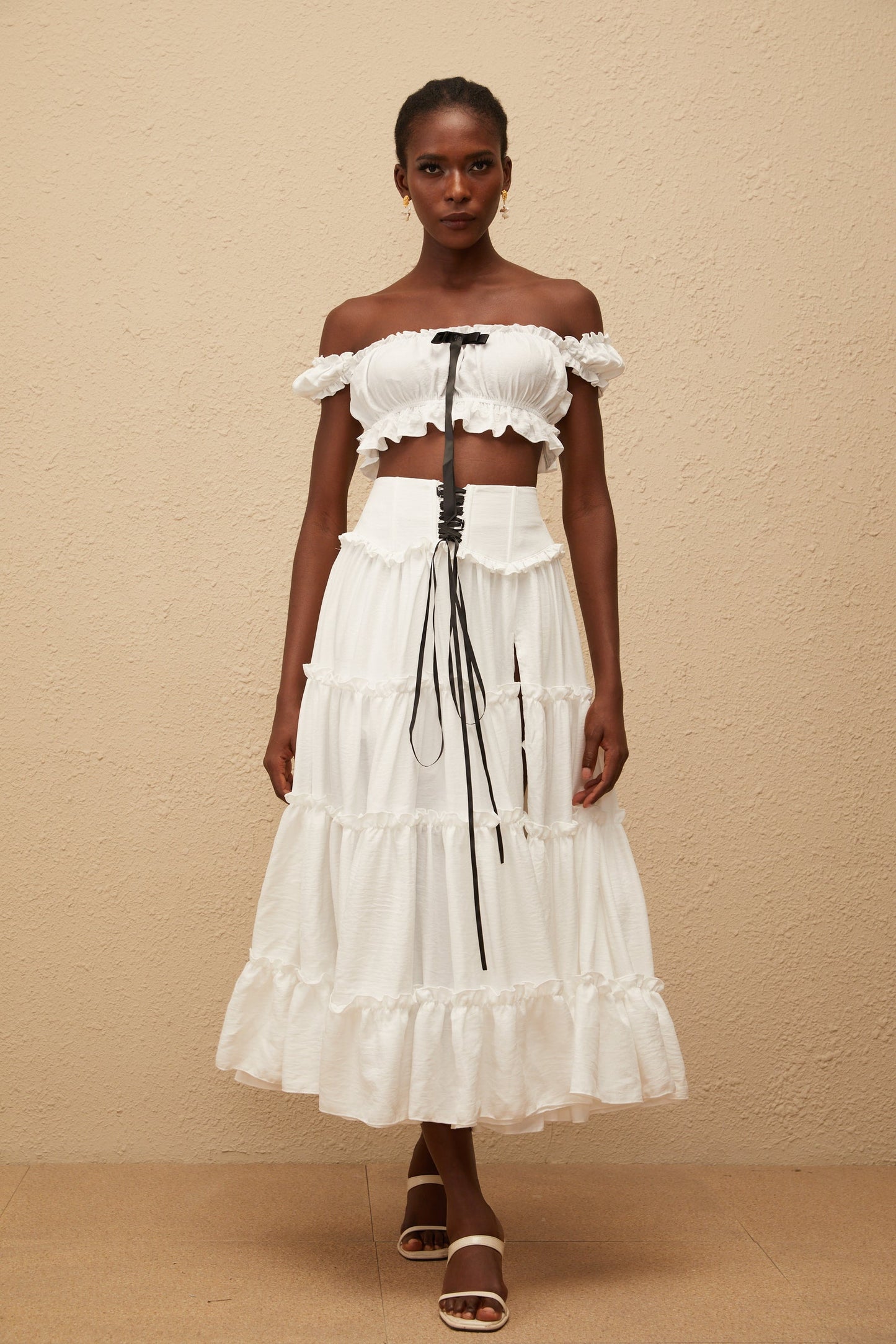 Théoline White Ruffled Trim Shirred Top Skirt Set