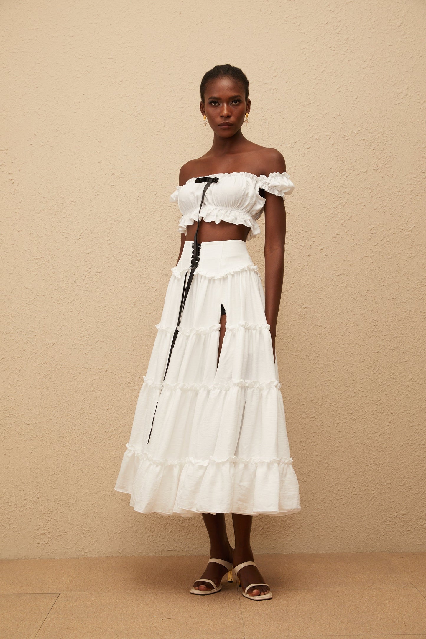 Théoline White Ruffled Trim Shirred Top Skirt Set