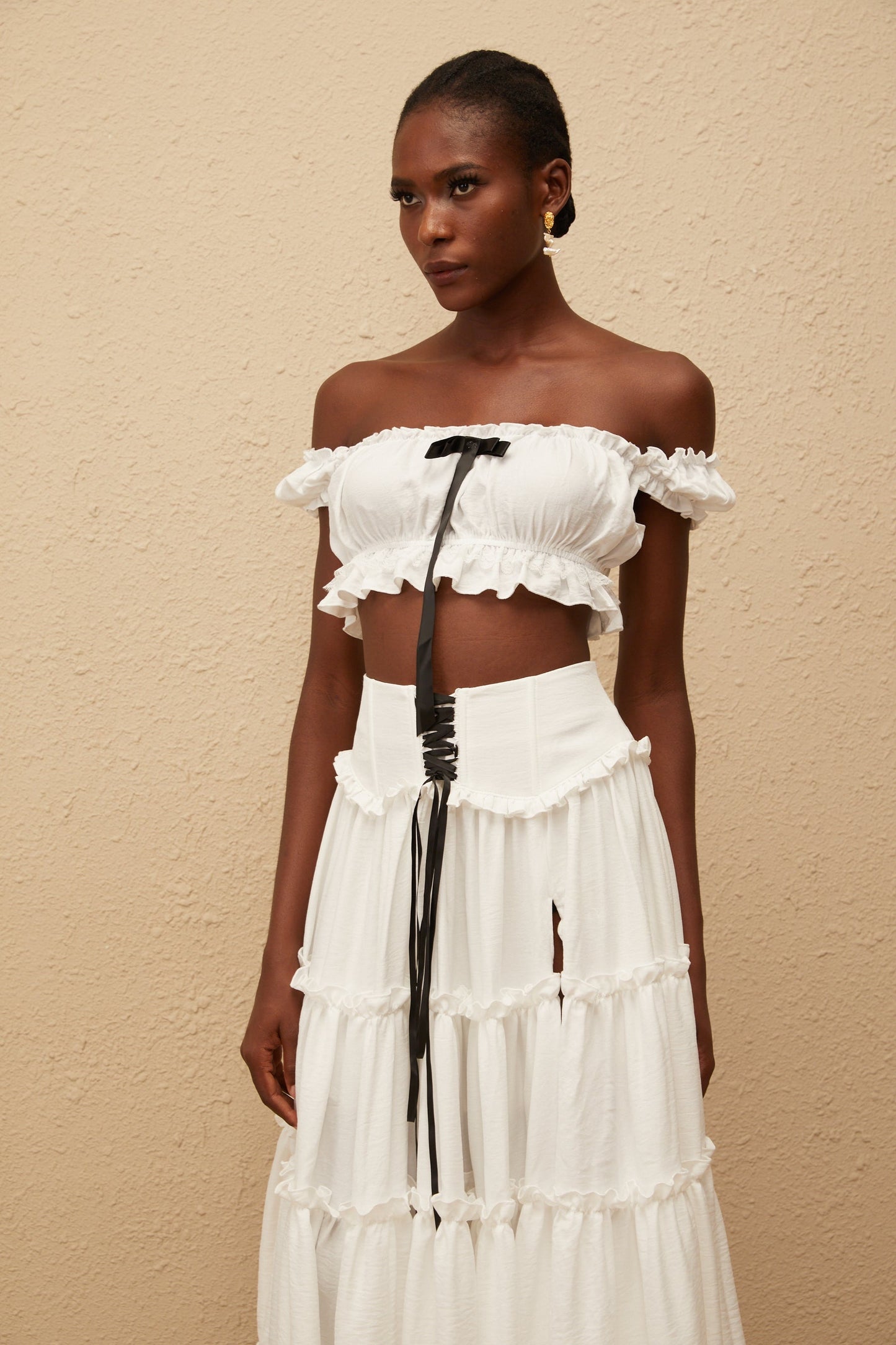 Théoline White Ruffled Trim Shirred Top Skirt Set