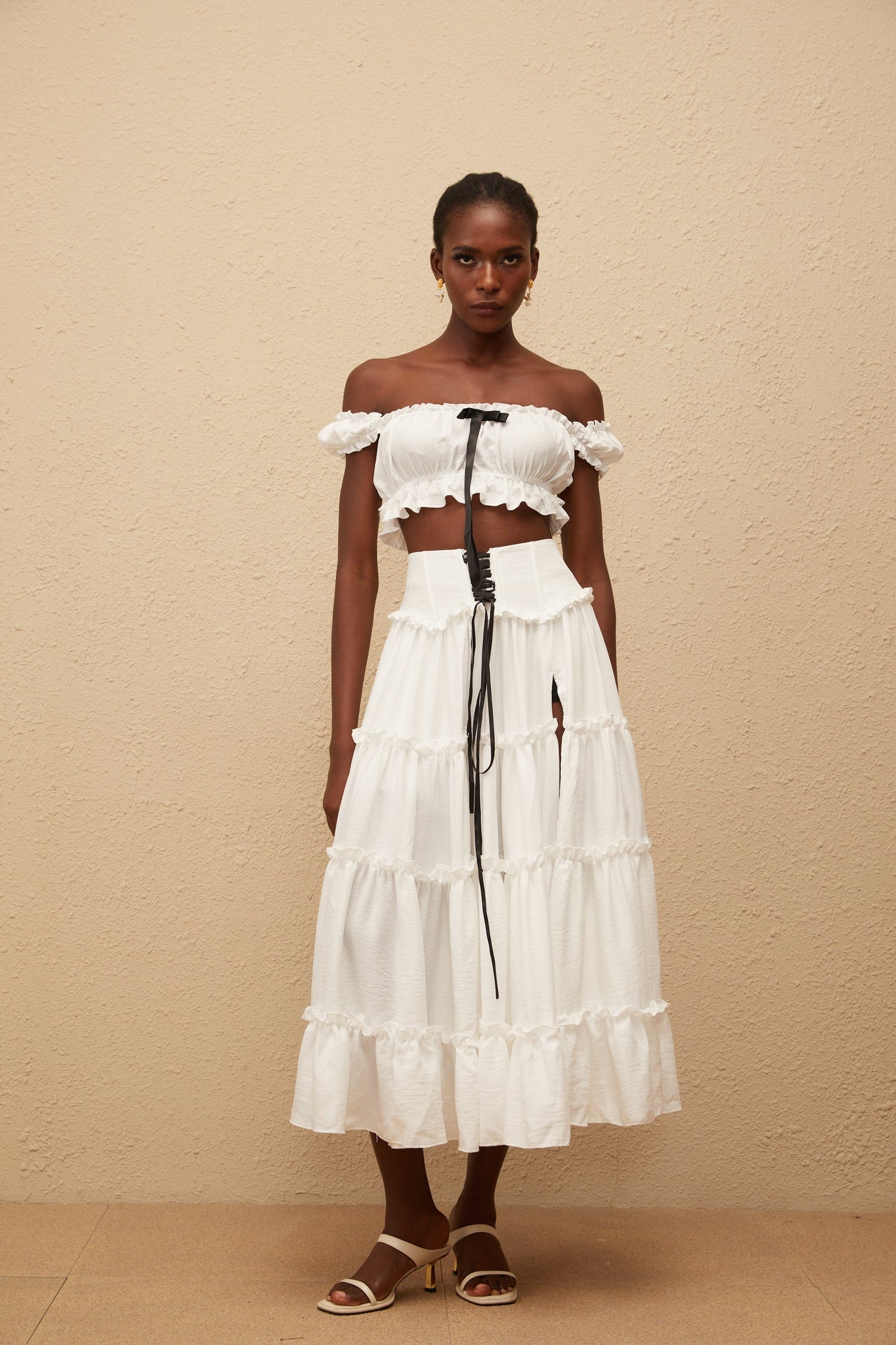Théoline White Ruffled Trim Shirred Top Skirt Set
