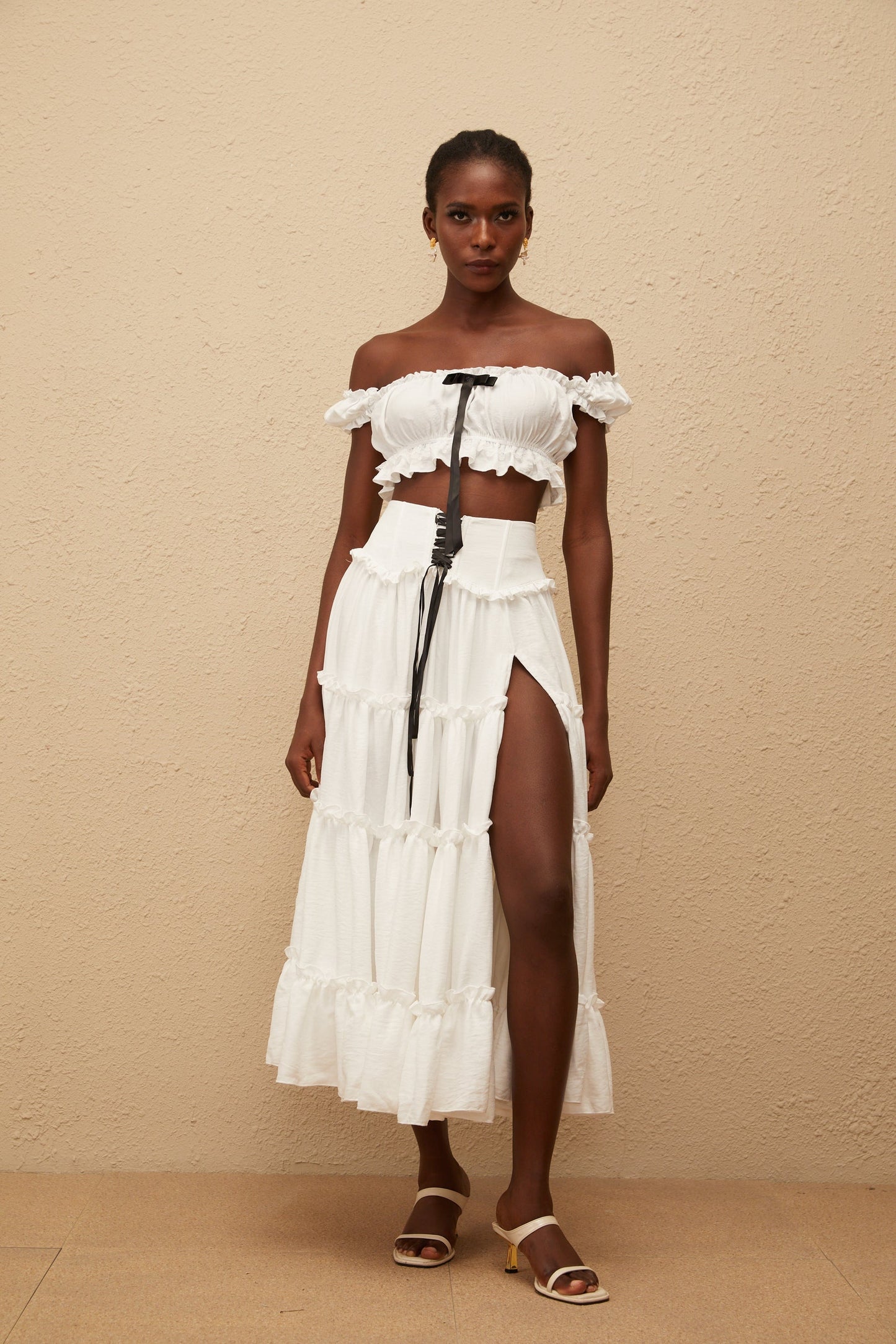Théoline White Ruffled Trim Shirred Top Skirt Set