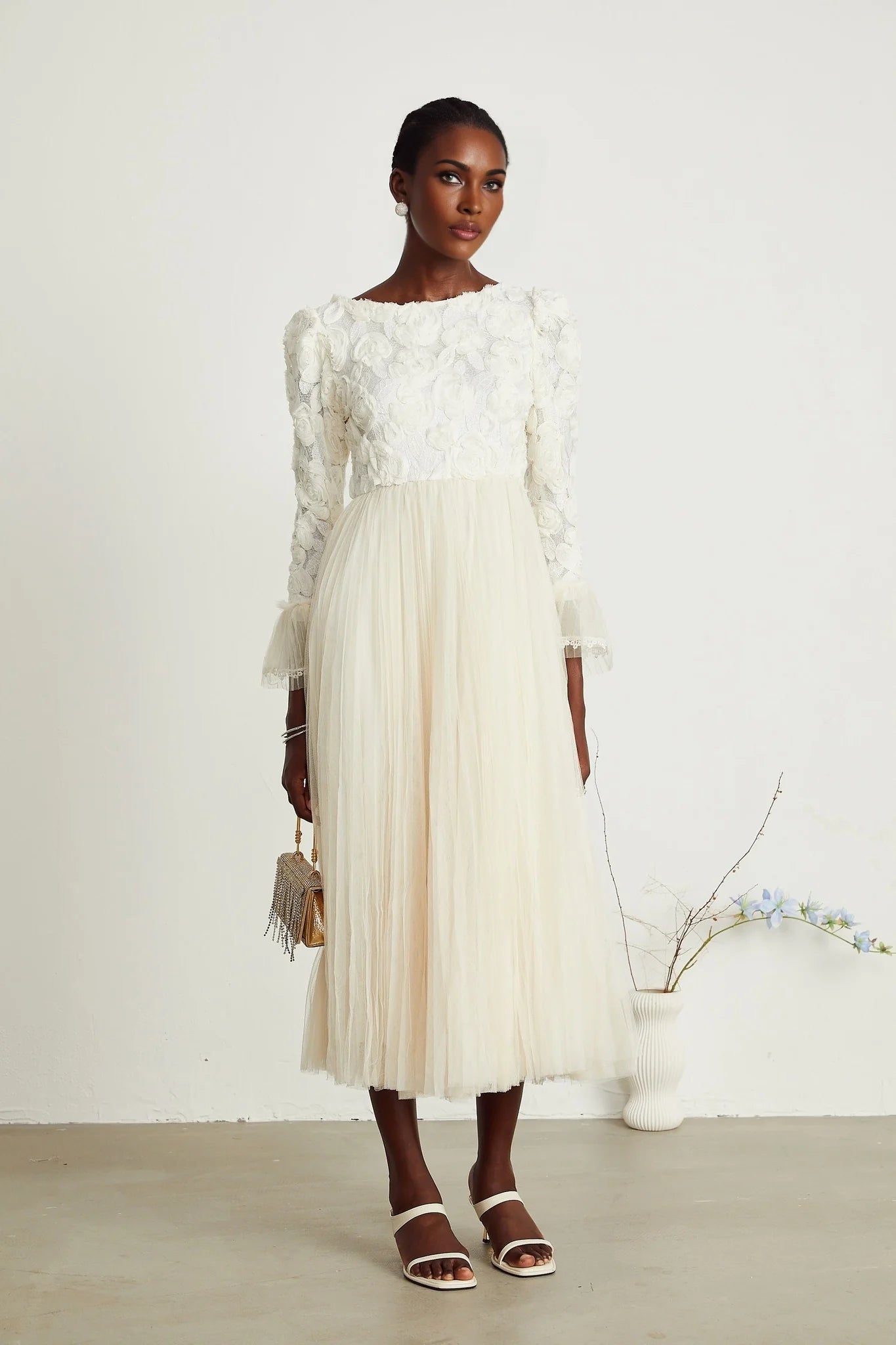 Thibaulte pleated lacefloral midi dress