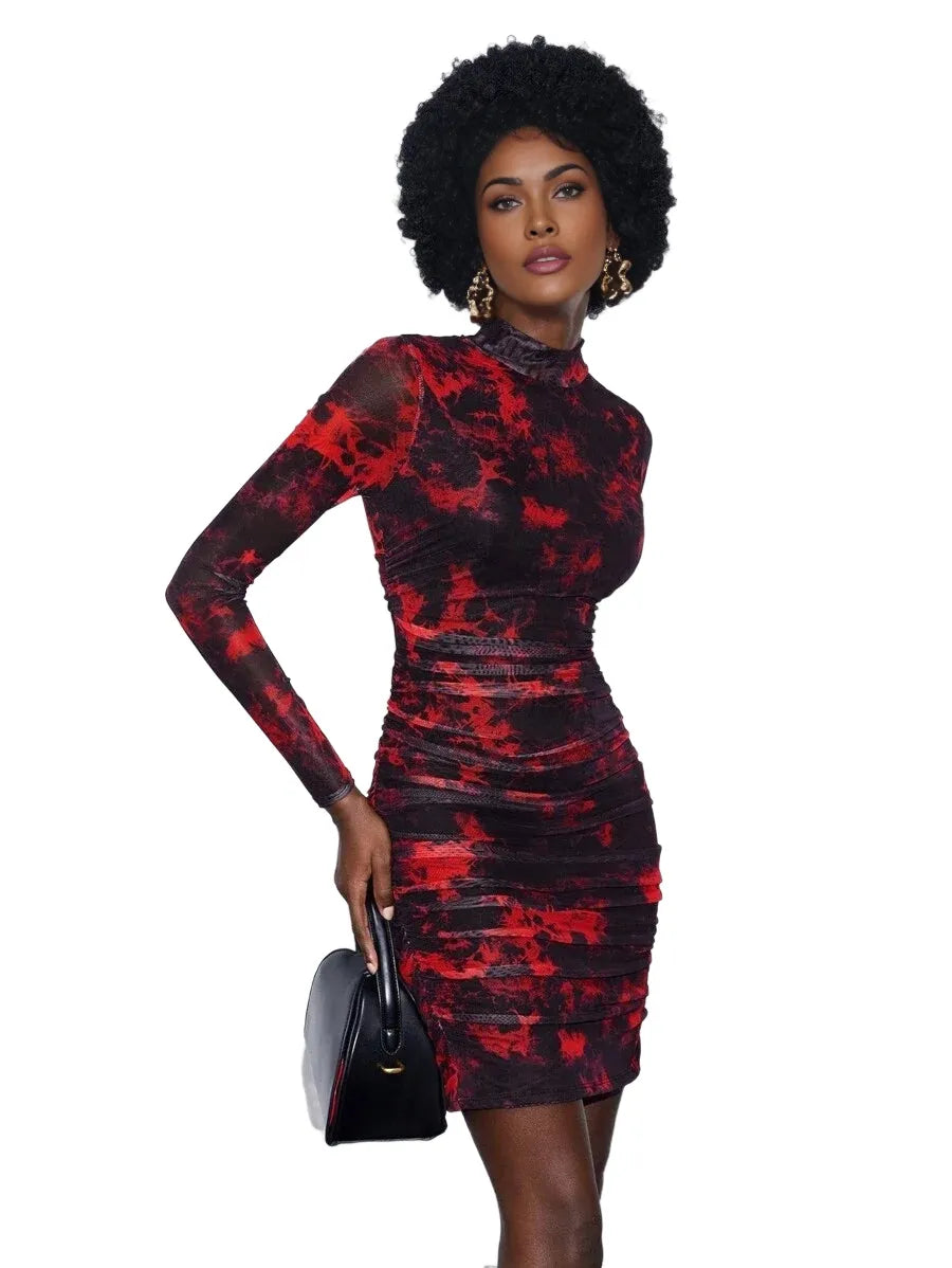 Tie Dye Ruched Mesh Bodycon Dress