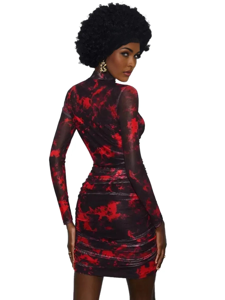 Tie Dye Ruched Mesh Bodycon Dress