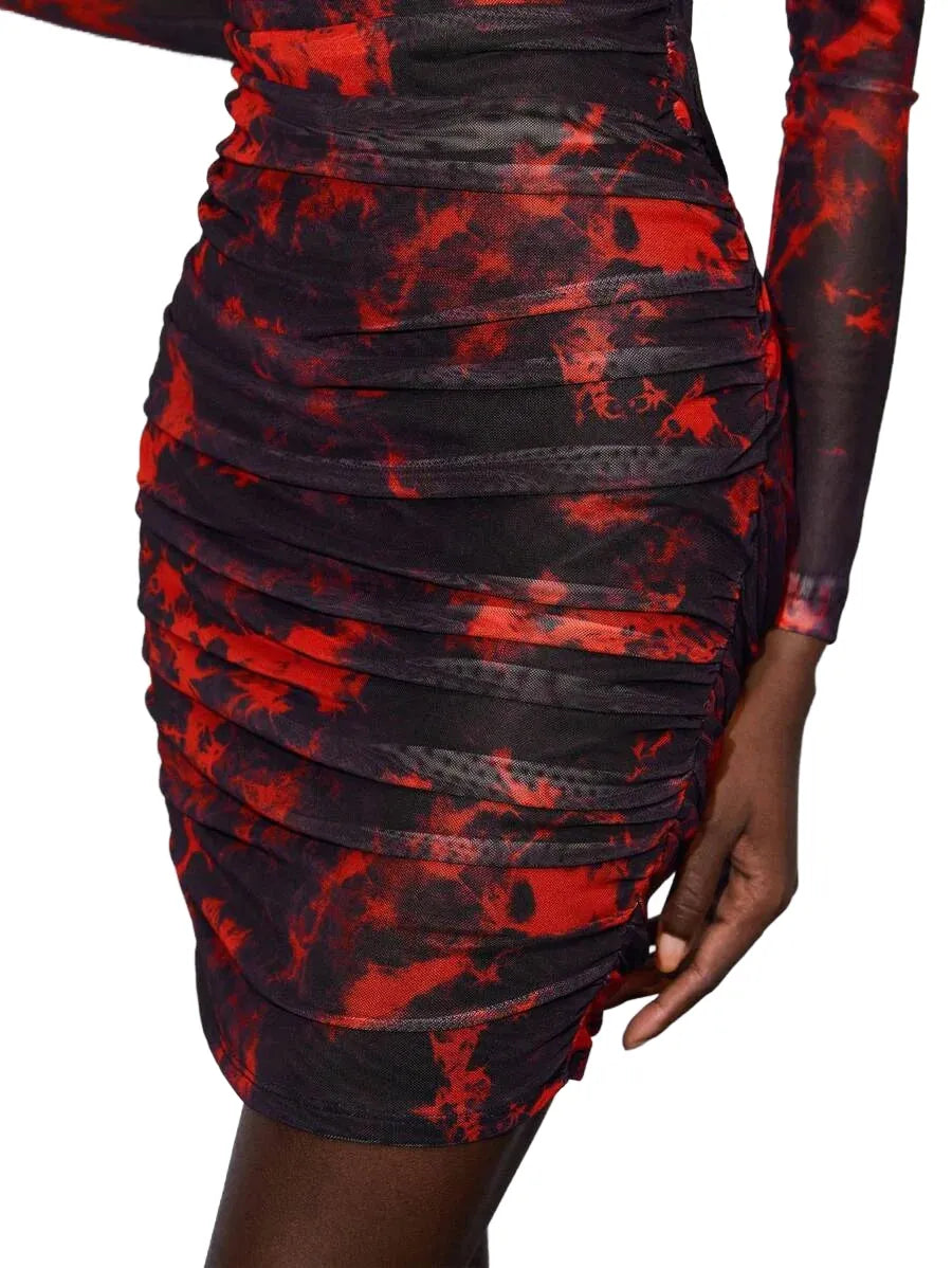 Tie Dye Ruched Mesh Bodycon Dress