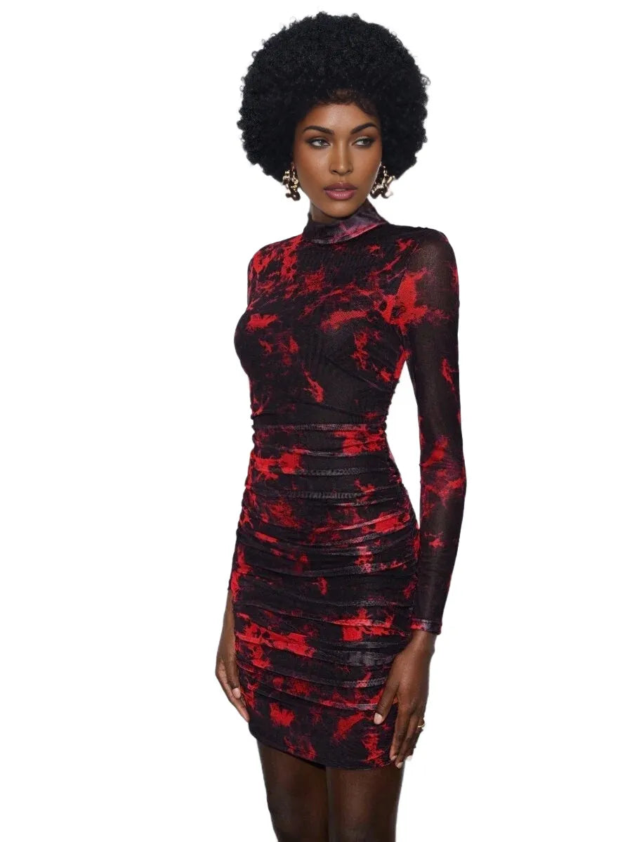 Tie Dye Ruched Mesh Bodycon Dress
