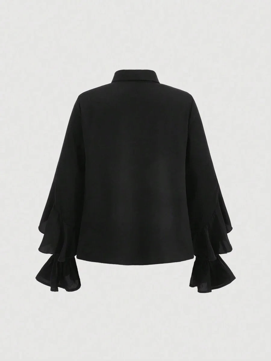 Tie Neck Ruffle Trim Flare Sleeve Shirt