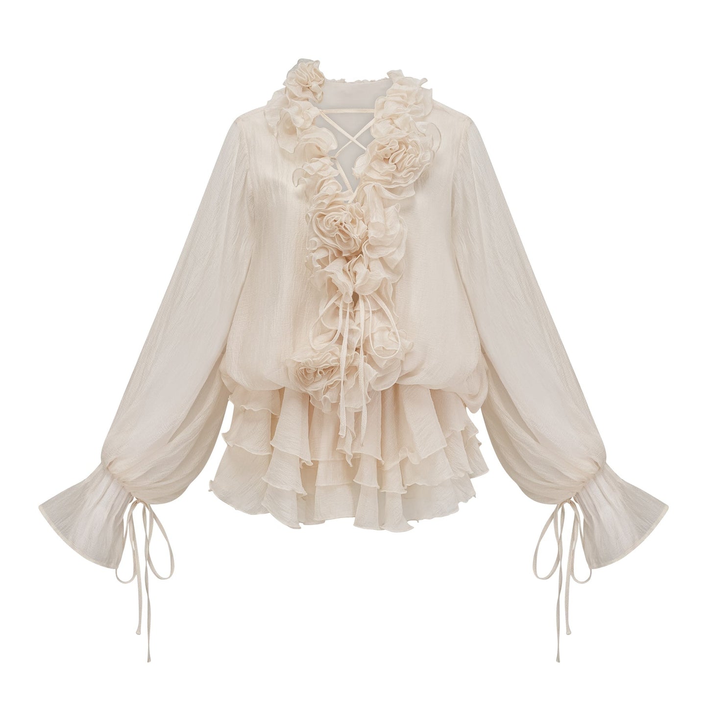 Tiered mini dress in neutral tones with floral applique details called Zephyrine