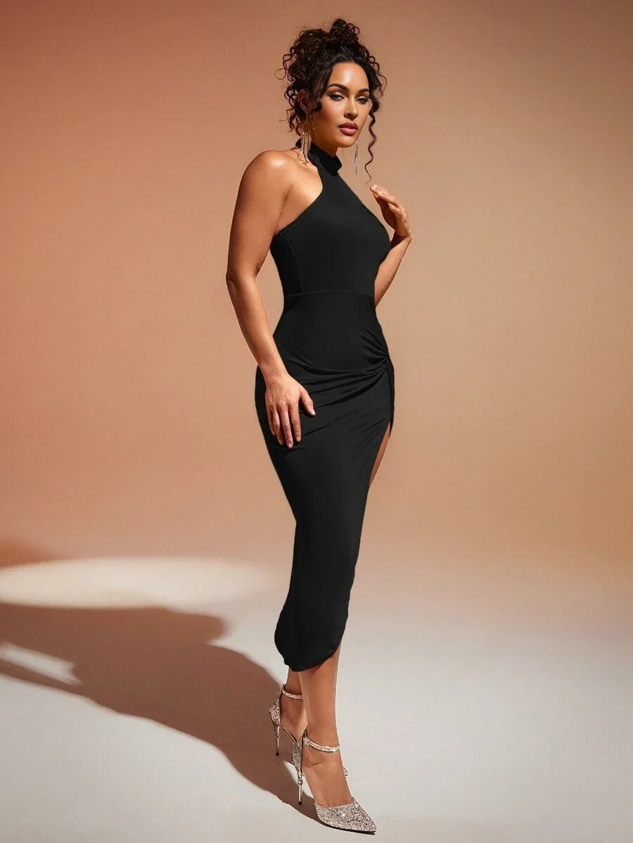 Twist Front Split Thigh Halter Neck Backless Bodycon Dress