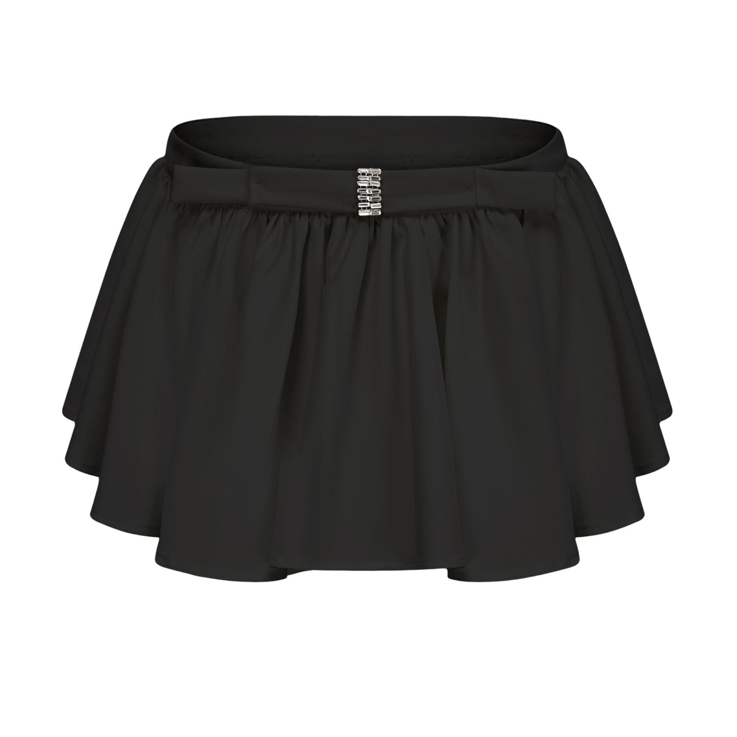 Two piece black outfit with asymmetric tulle blouse and matching skirt