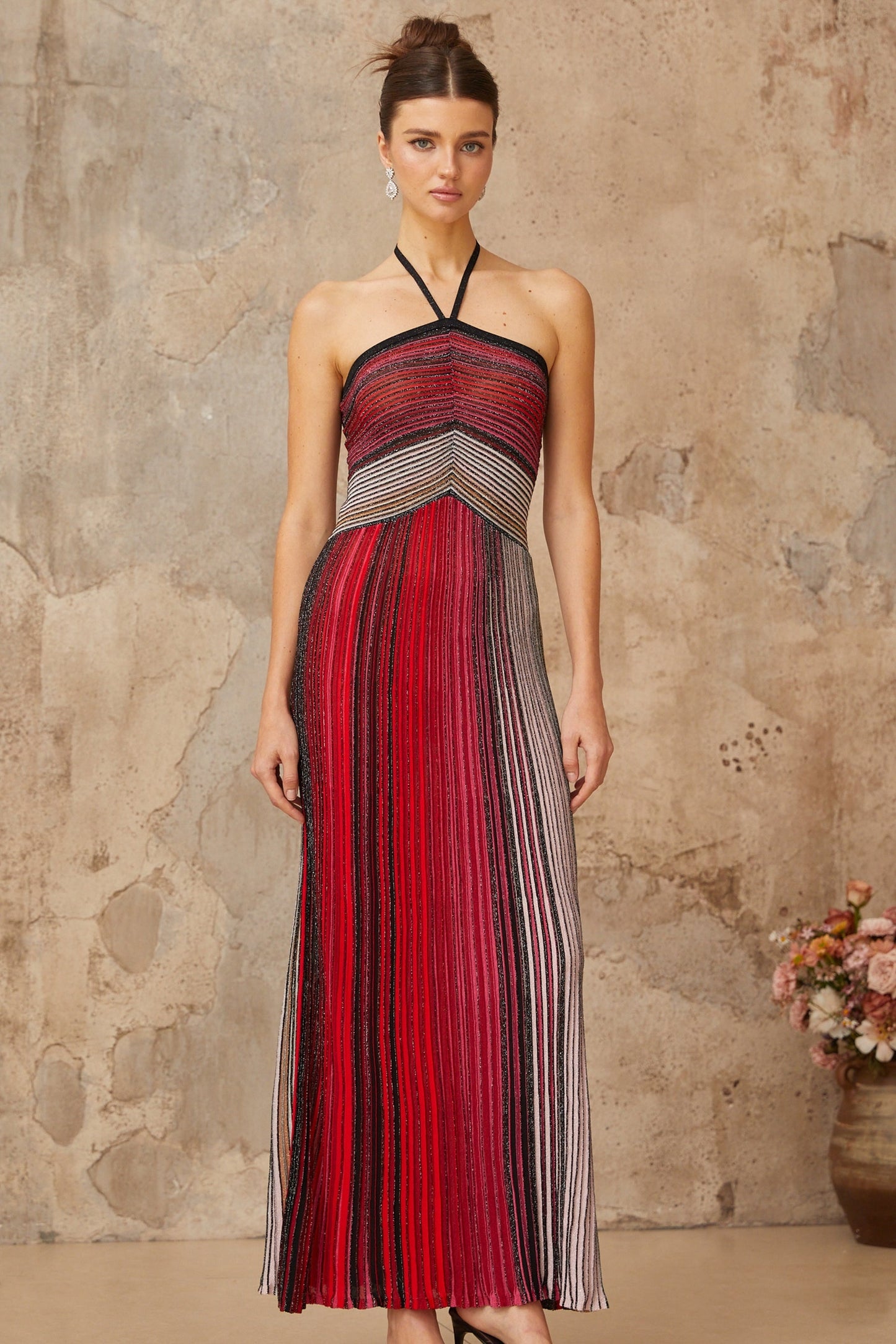Ulysse Red Metallic Knit Halterneck Maxi Dress
