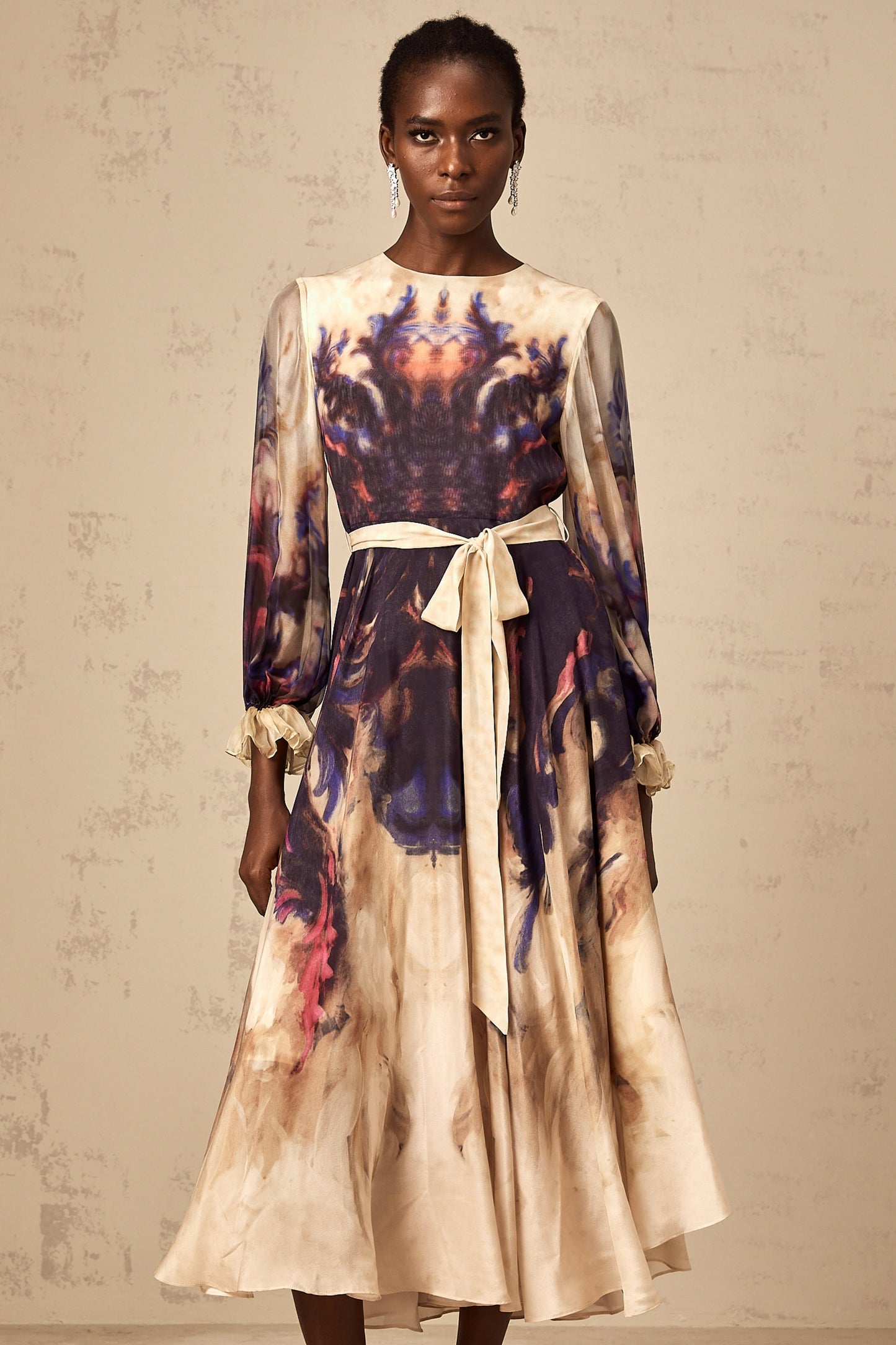 Urbaine smudged graffitiprint silk midi dress