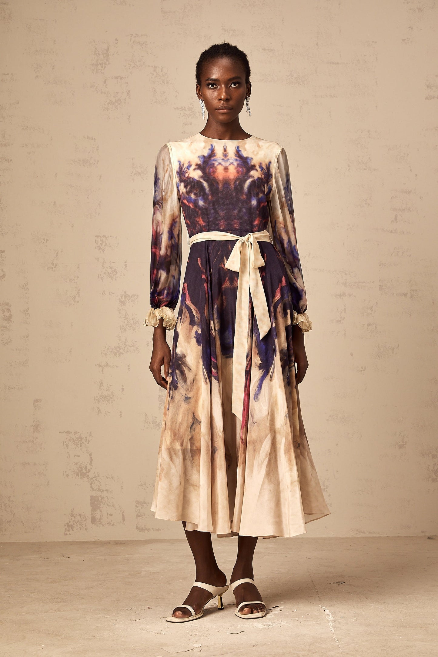 Urbaine smudged graffitiprint silk midi dress