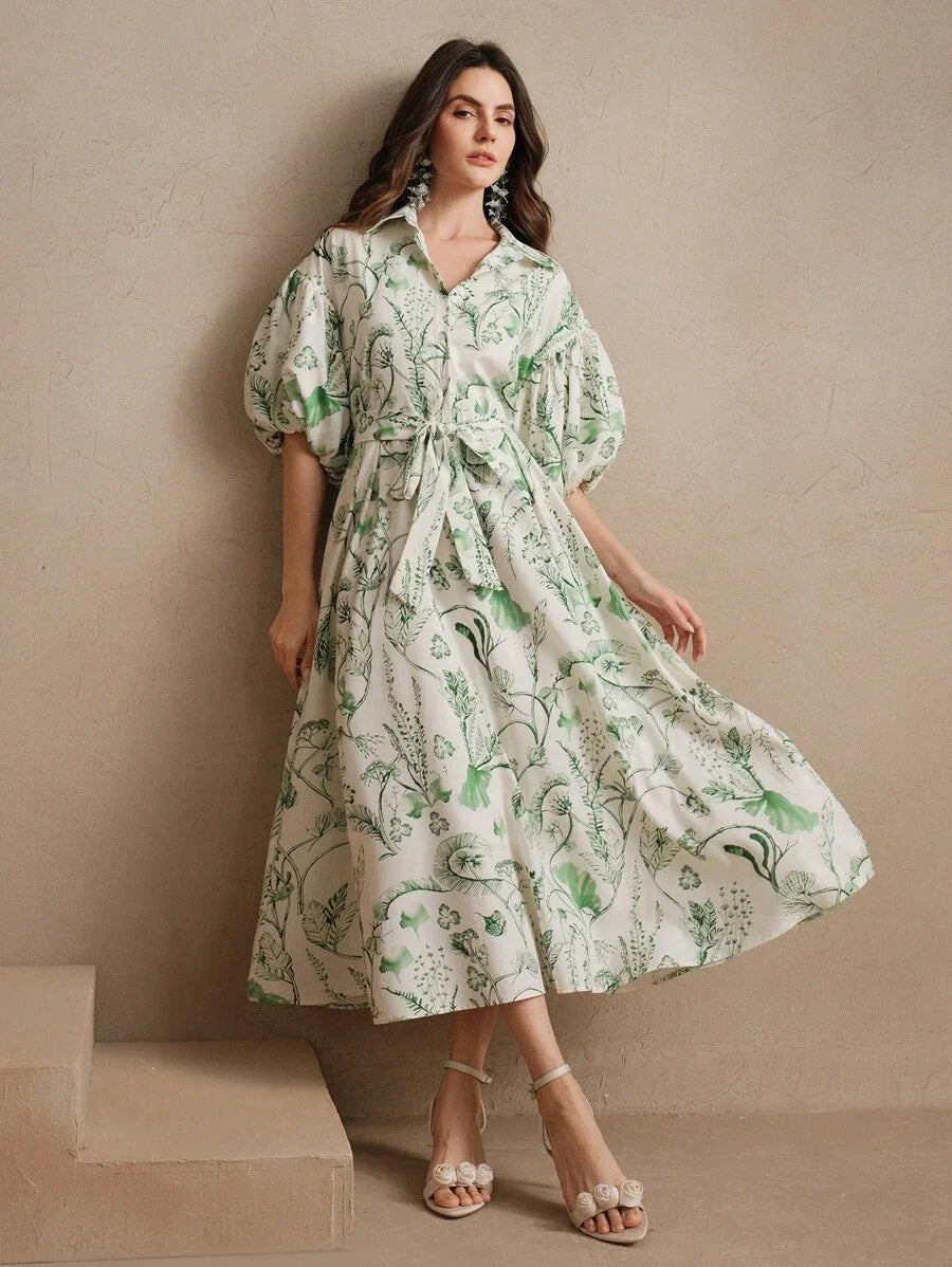 Vacation Romantic Casual Floral Print Green Loose Flare Dress Beach Floral Dress SpringSummer