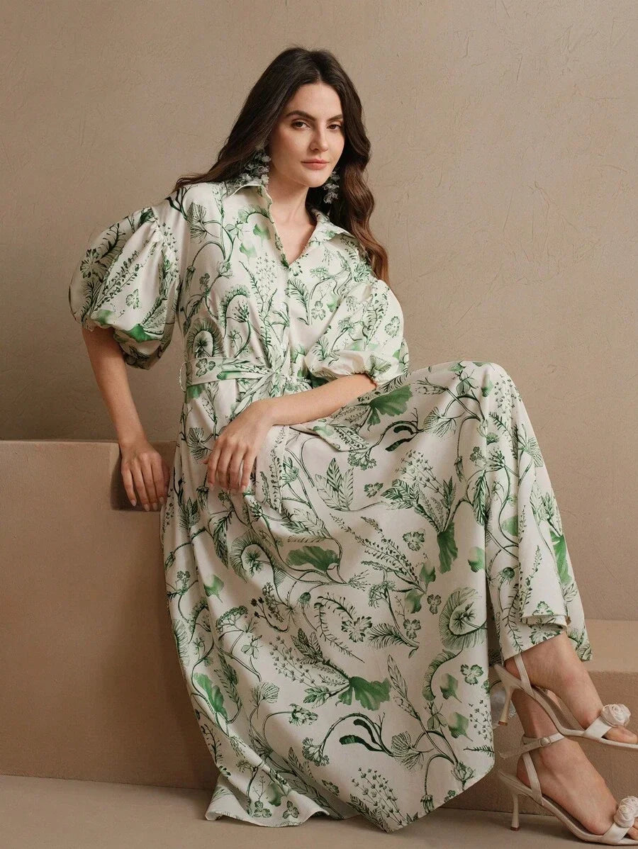 Vacation Romantic Casual Floral Print Green Loose Flare Dress Beach Floral Dress SpringSummer