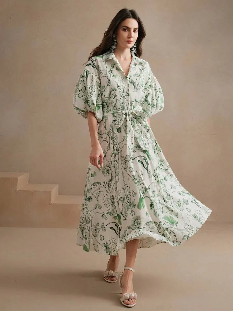 Vacation Romantic Casual Floral Print Green Loose Flare Dress Beach Floral Dress SpringSummer