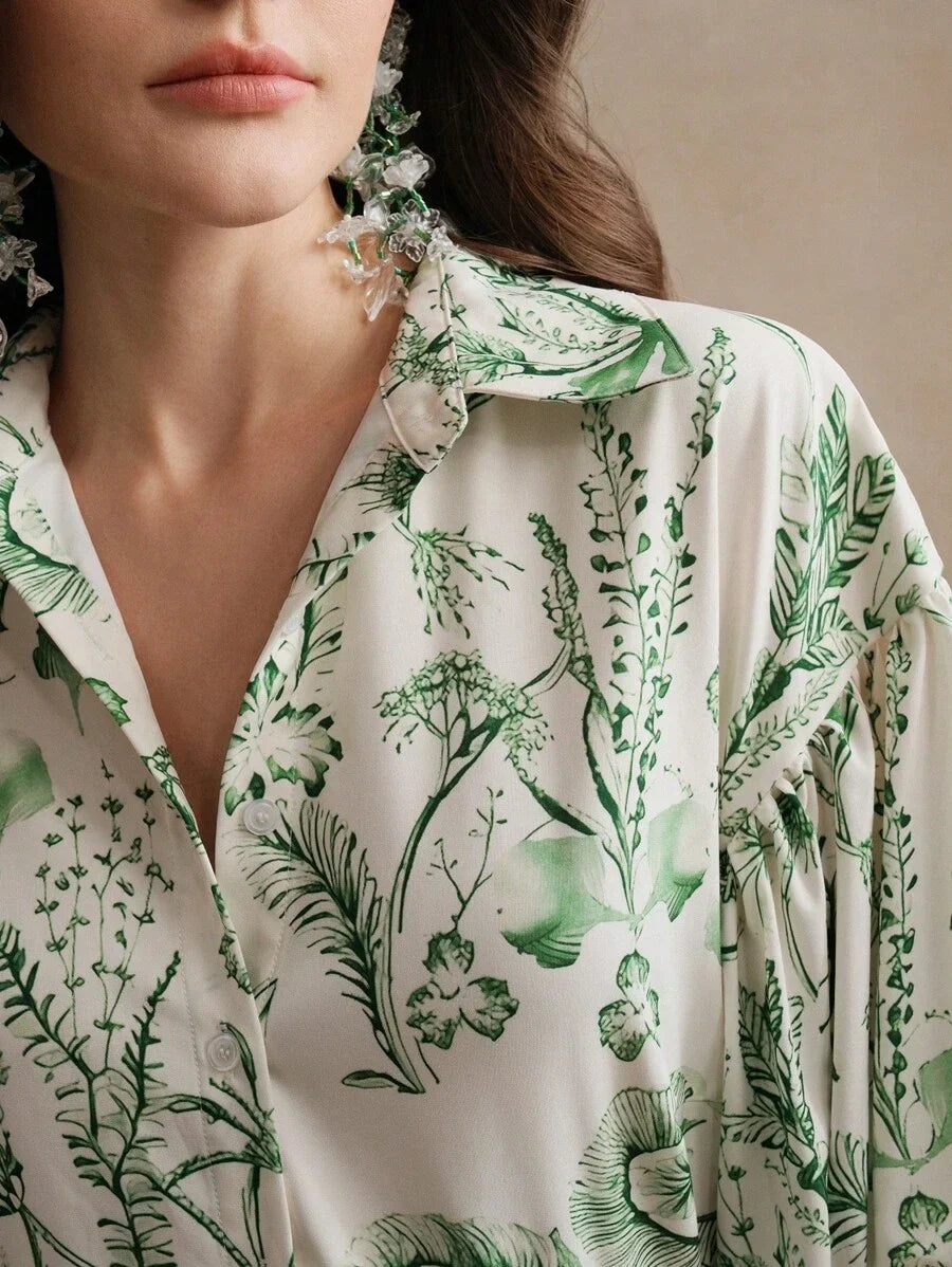 Vacation Romantic Casual Floral Print Green Loose Flare Dress Beach Floral Dress SpringSummer