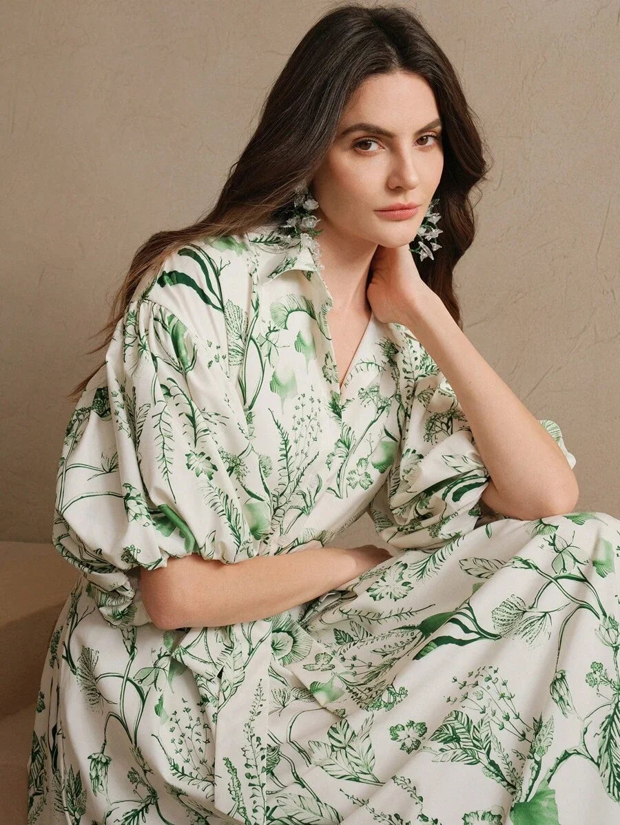 Vacation Romantic Casual Floral Print Green Loose Flare Dress Beach Floral Dress SpringSummer