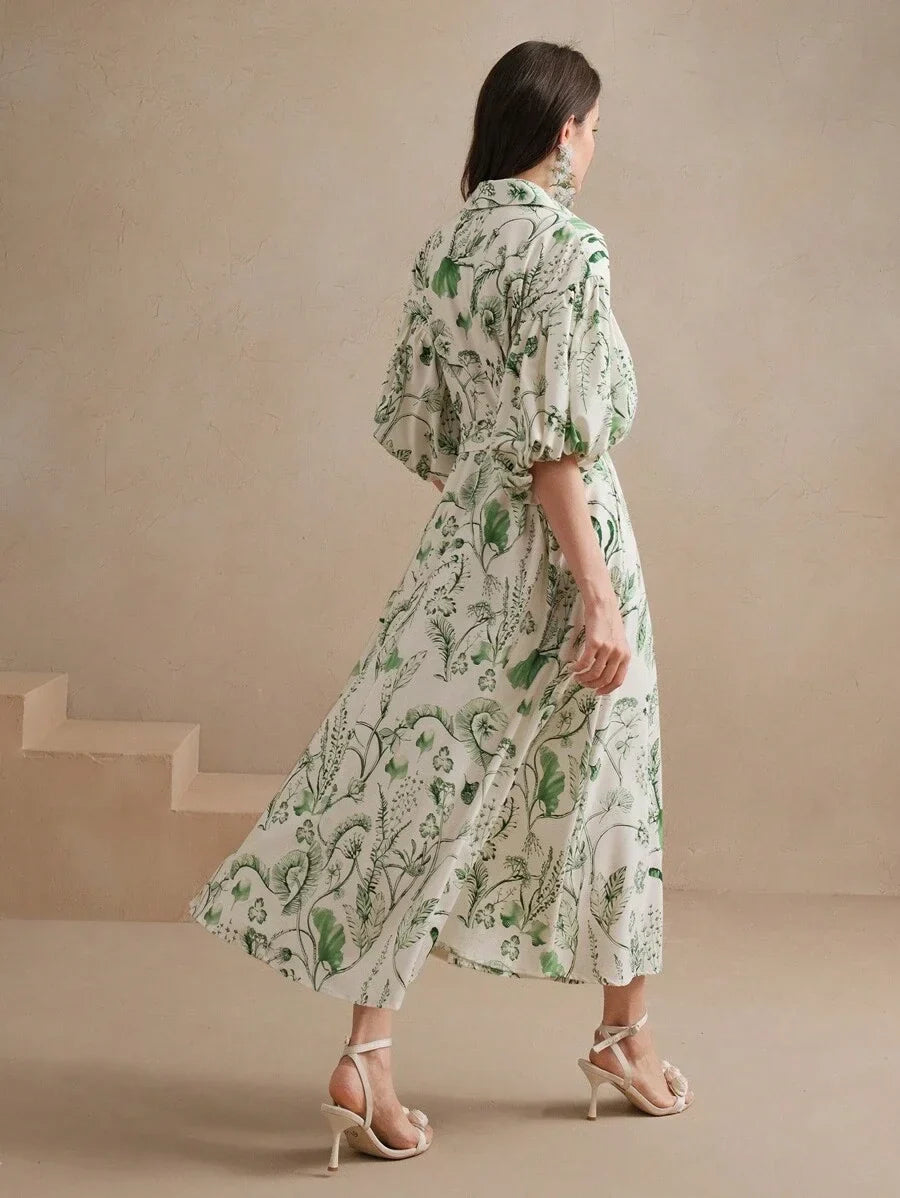 Vacation Romantic Casual Floral Print Green Loose Flare Dress Beach Floral Dress SpringSummer