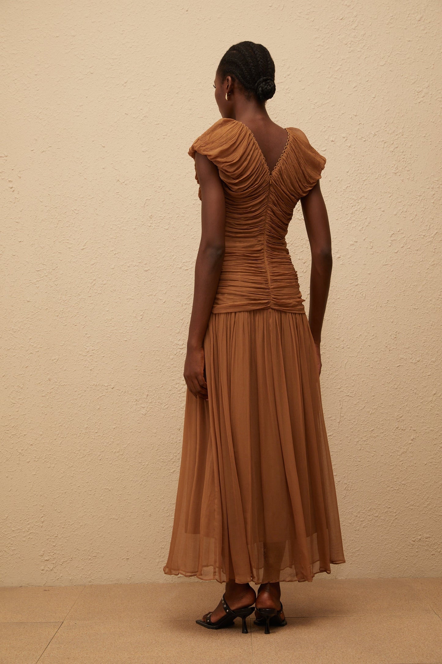 Vérane Brown Ruched Chiffon Maxi Dress