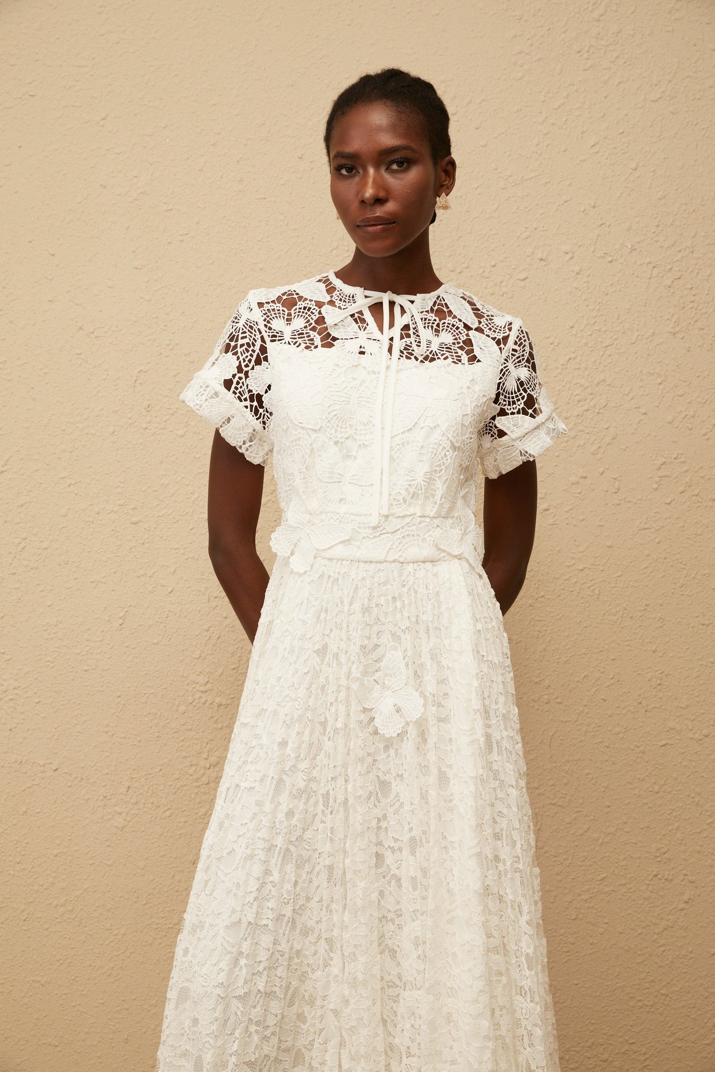Victoire White Butterfly Appliqué Lace Maxi Dress
