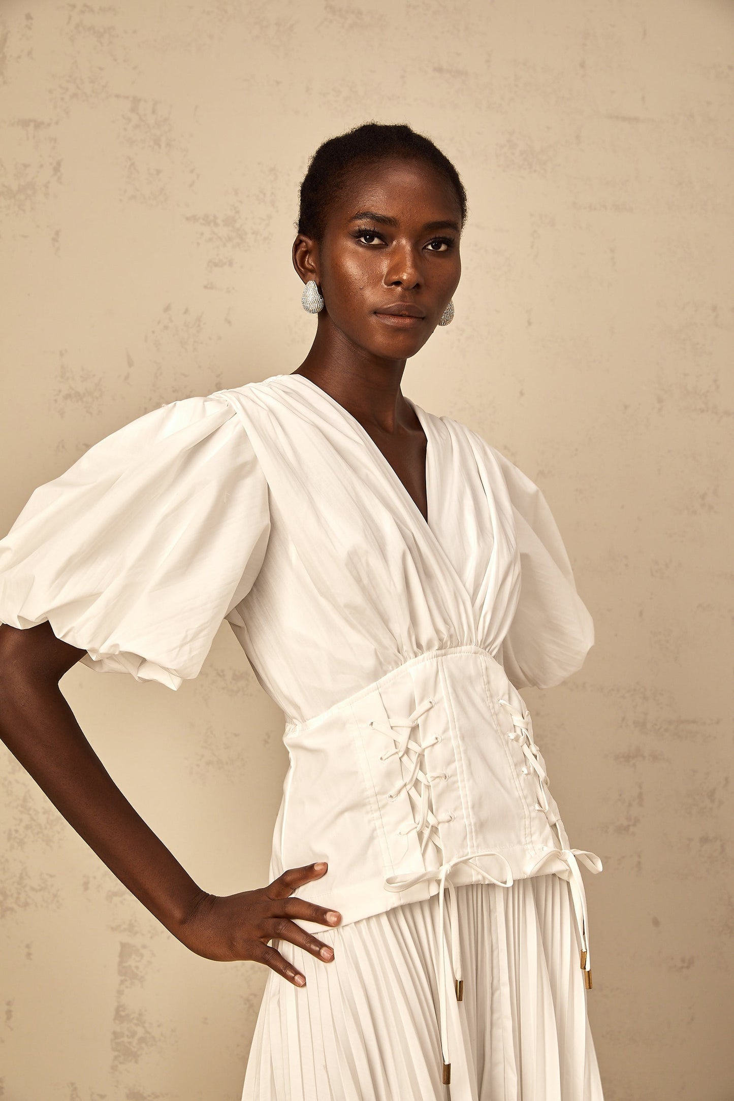 Vienne White LaceUp Pleated Maxi Dress