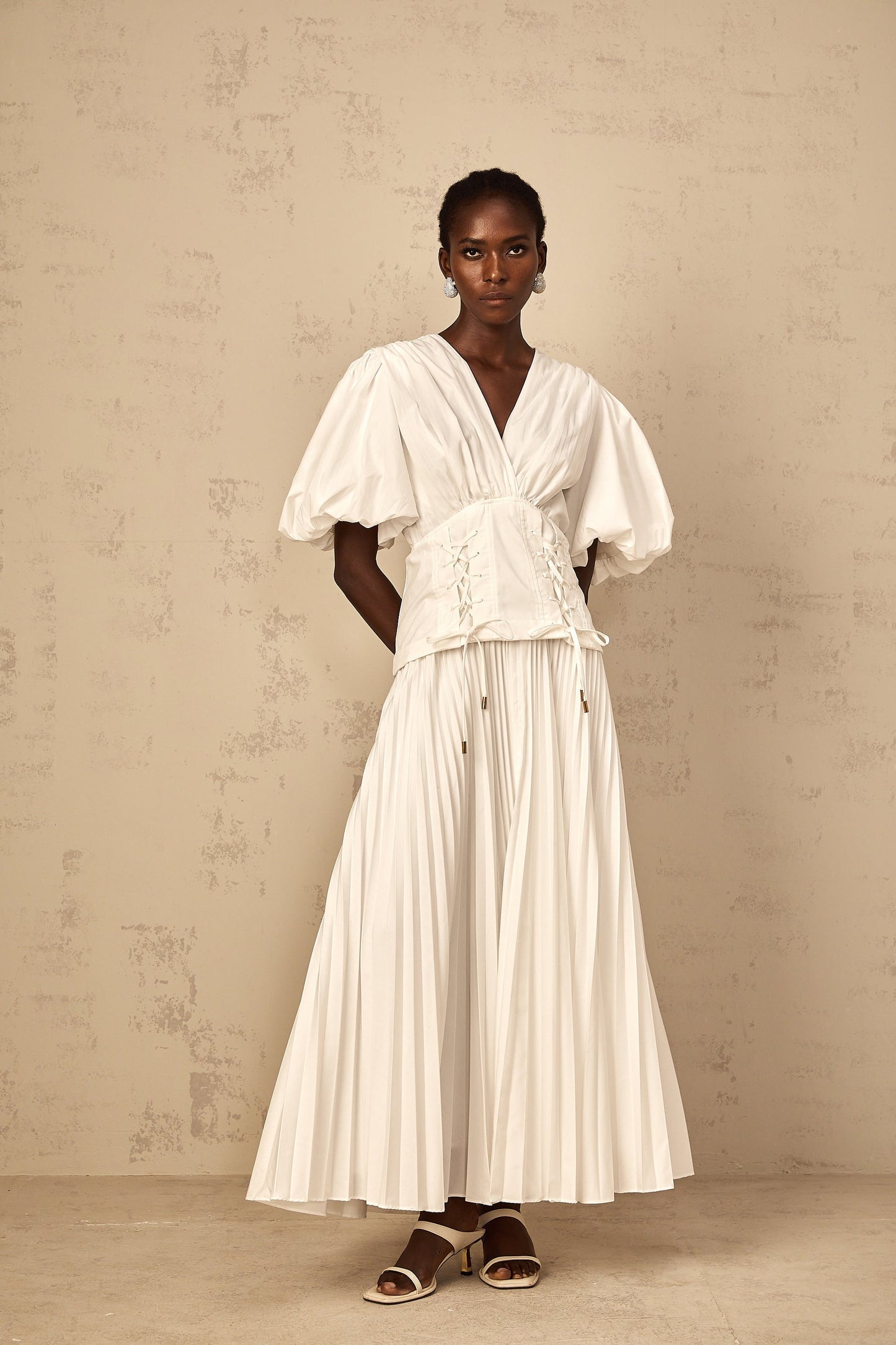 Vienne White LaceUp Pleated Maxi Dress
