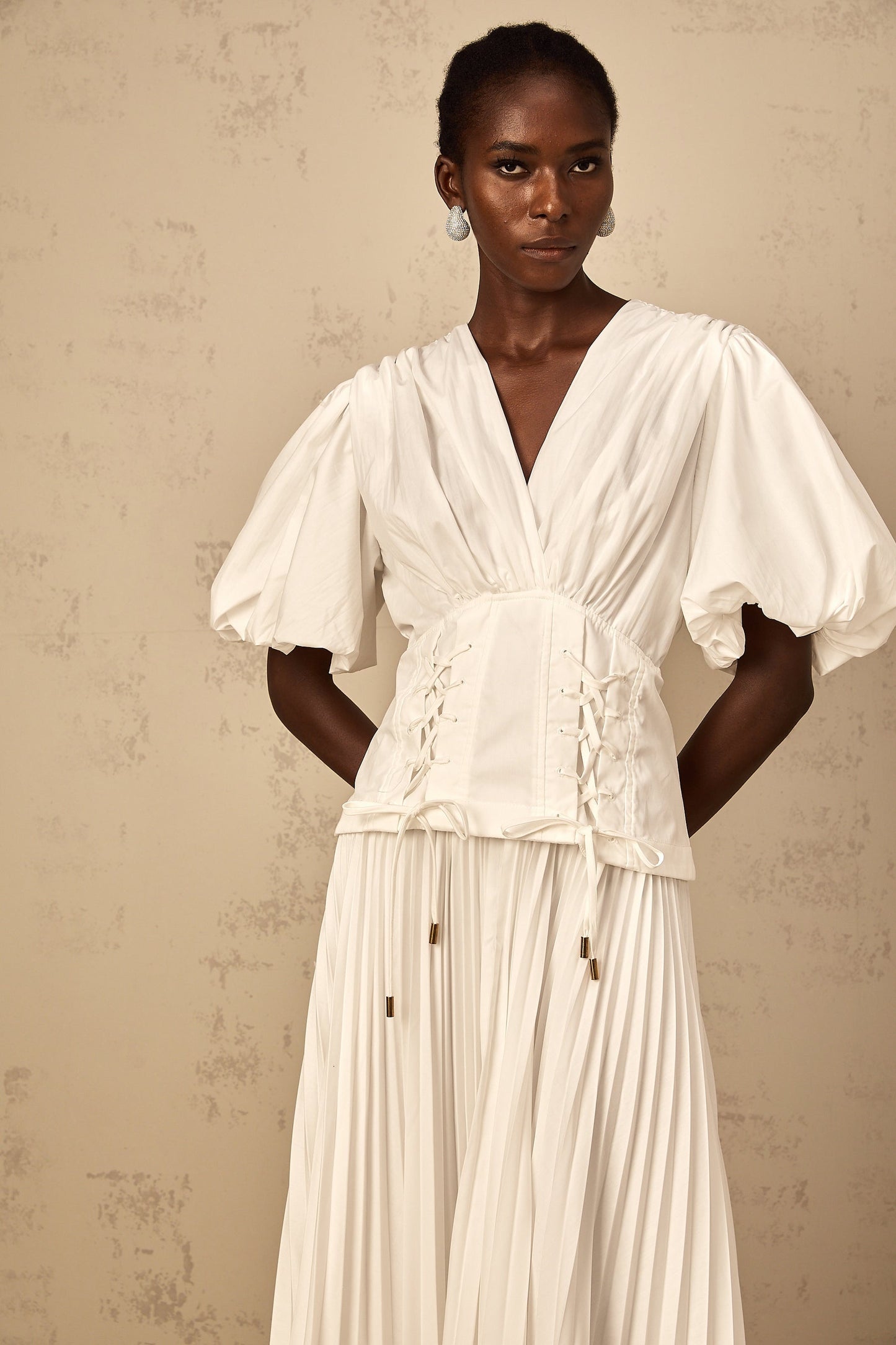 Vienne White LaceUp Pleated Maxi Dress