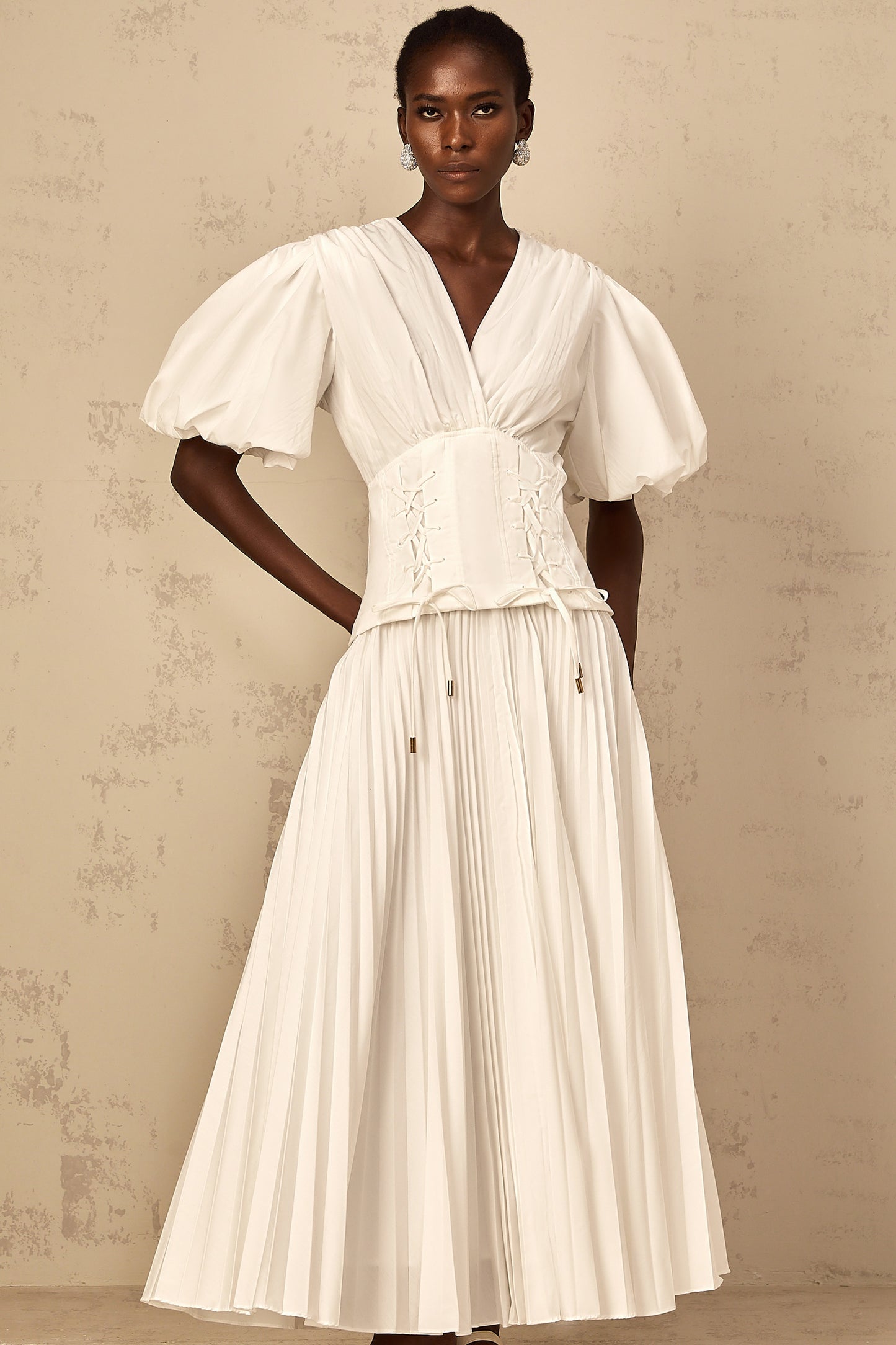 Vienne White LaceUp Pleated Maxi Dress