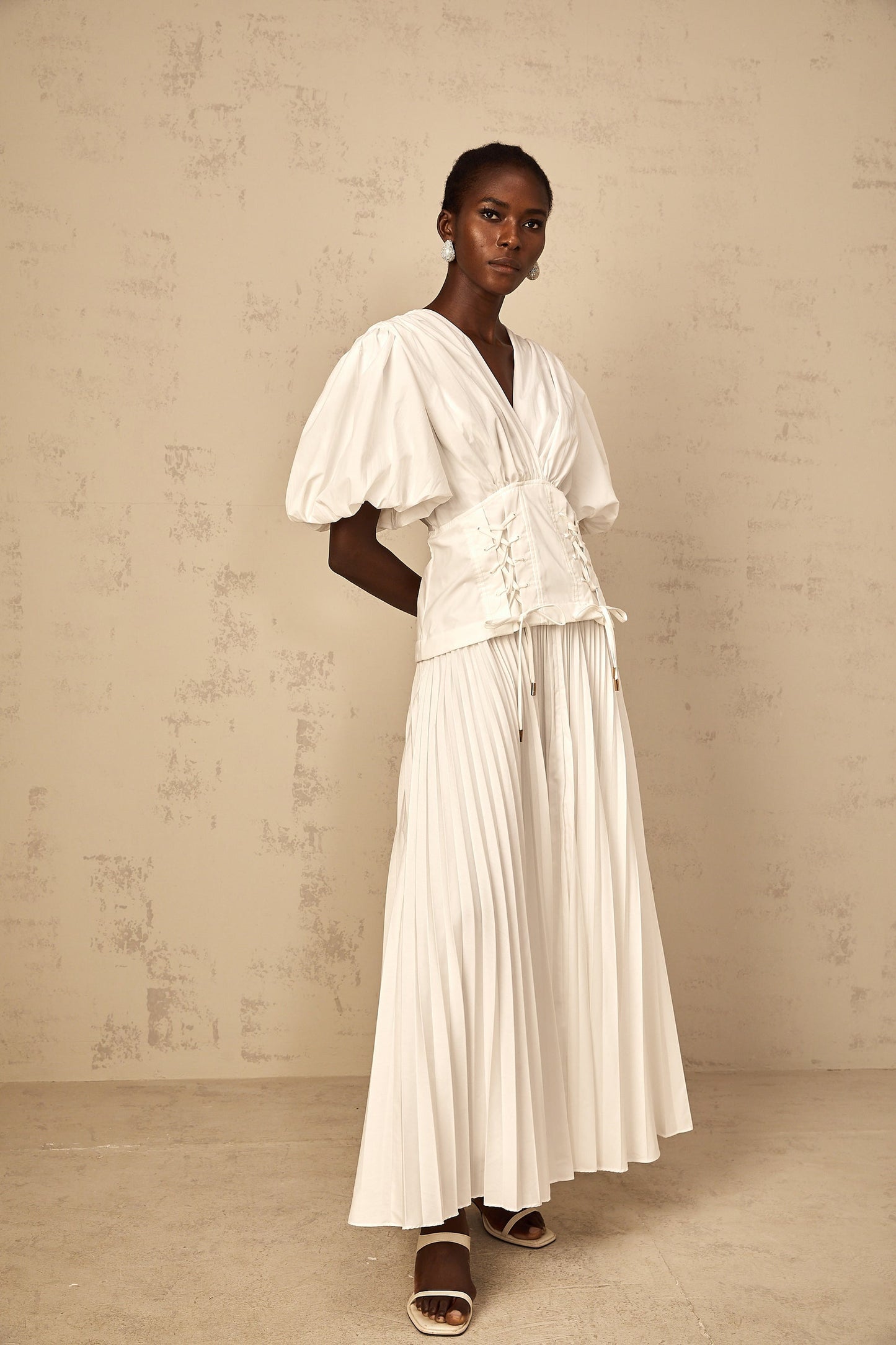 Vienne White LaceUp Pleated Maxi Dress