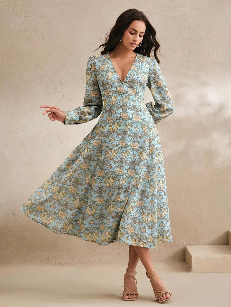 Vintage Elegant Print VNeck Beaded Fitted ALine Dress Slimming Spring Women Dress Outfits
