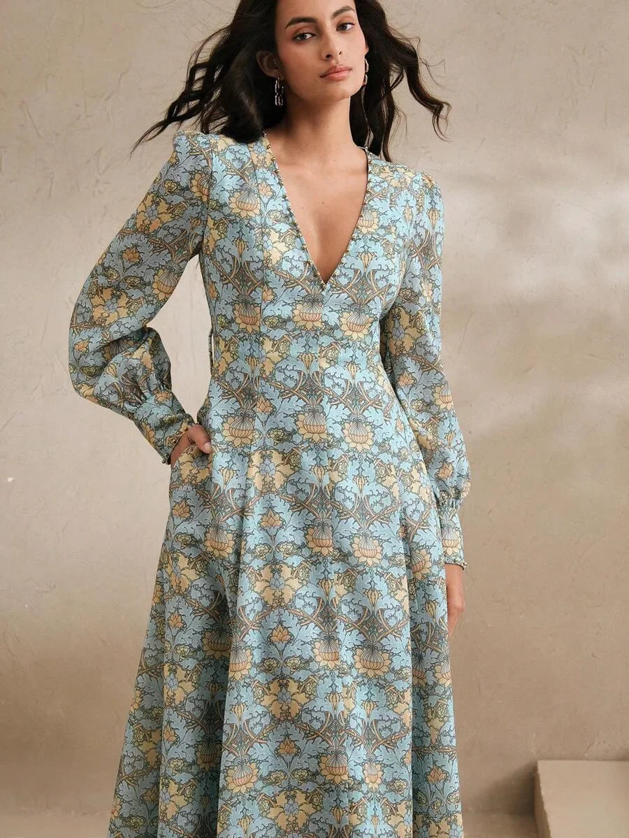 Vintage Elegant Print VNeck Beaded Fitted ALine Dress Slimming Spring Women Dress Outfits