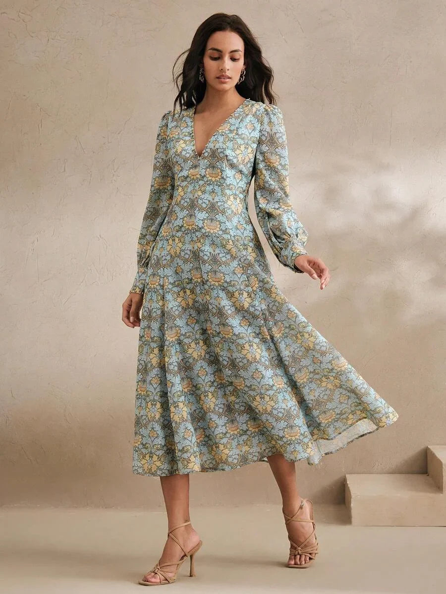 Vintage Elegant Print VNeck Beaded Fitted ALine Dress Slimming Spring Women Dress Outfits